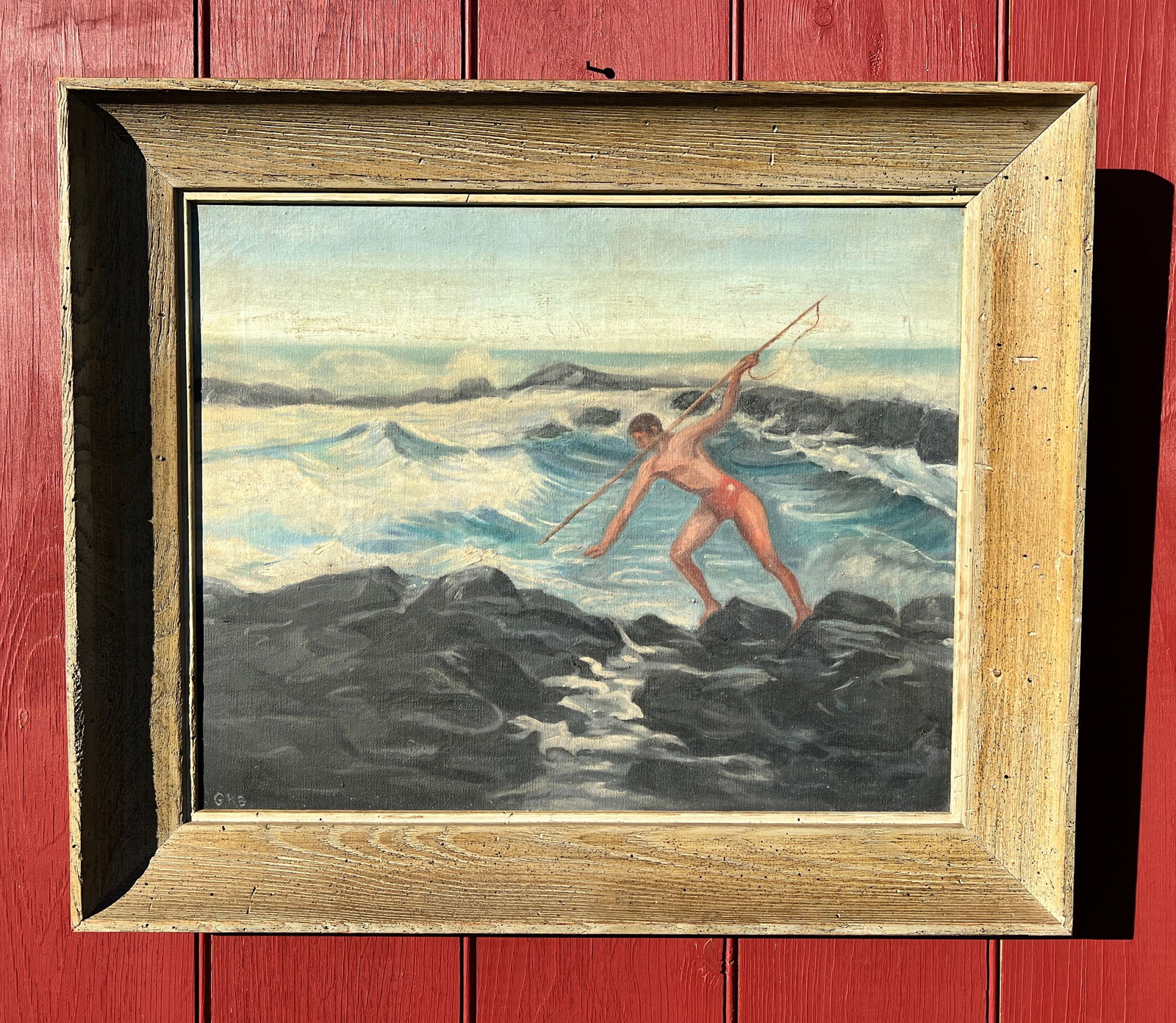 George Kennedy Brandriff Oil on Canvas Painting "Spear Fisherman": Probably Laguna Beach California - 20 by 16 inches and 25 by 21 with frame. Signed lower left w/ initials. What's to Love - The original worm wood frame.