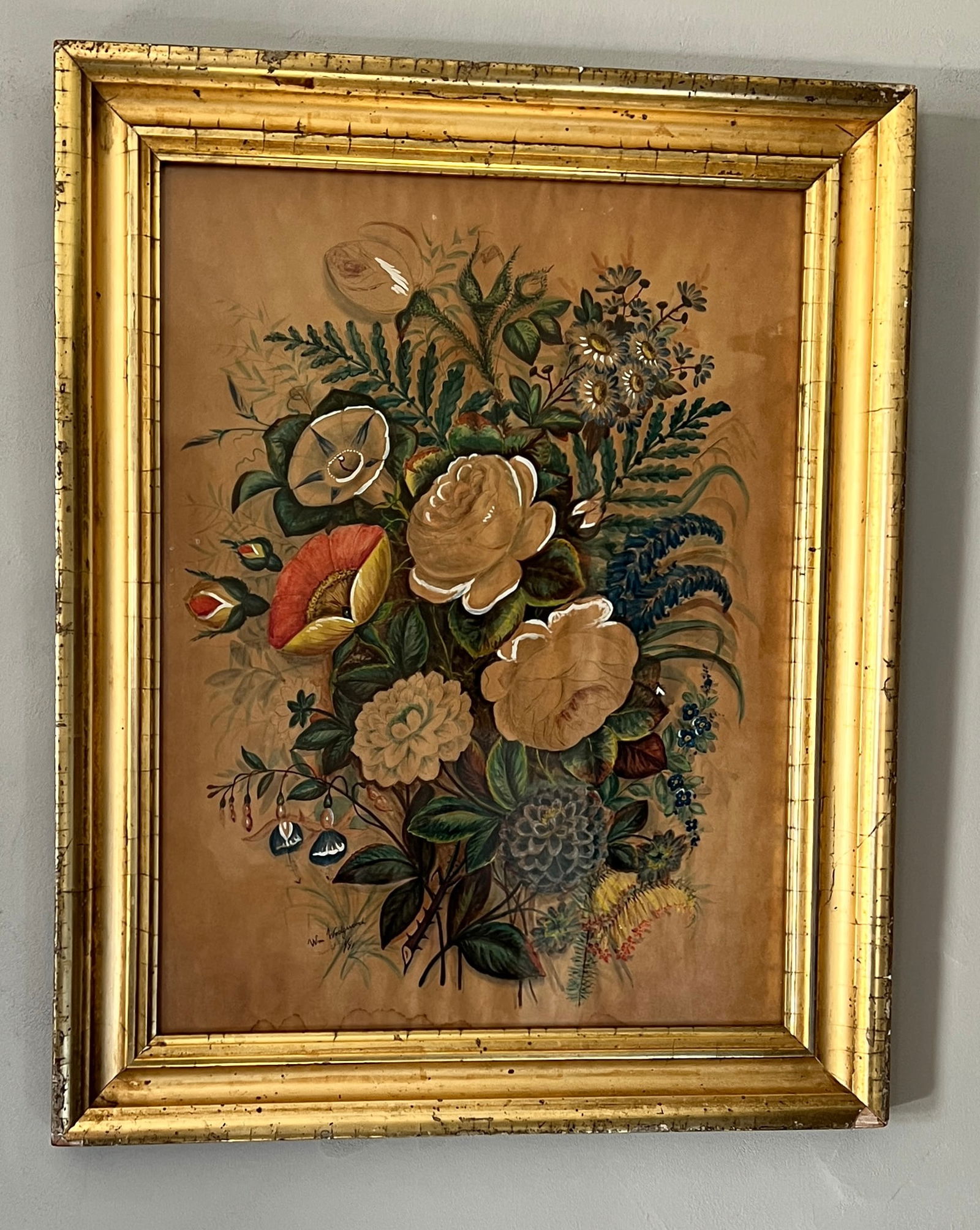 1851 Signed Wm Wedgwood Still Life Watercolor Gouache Painting of Flowers (1 of 10)