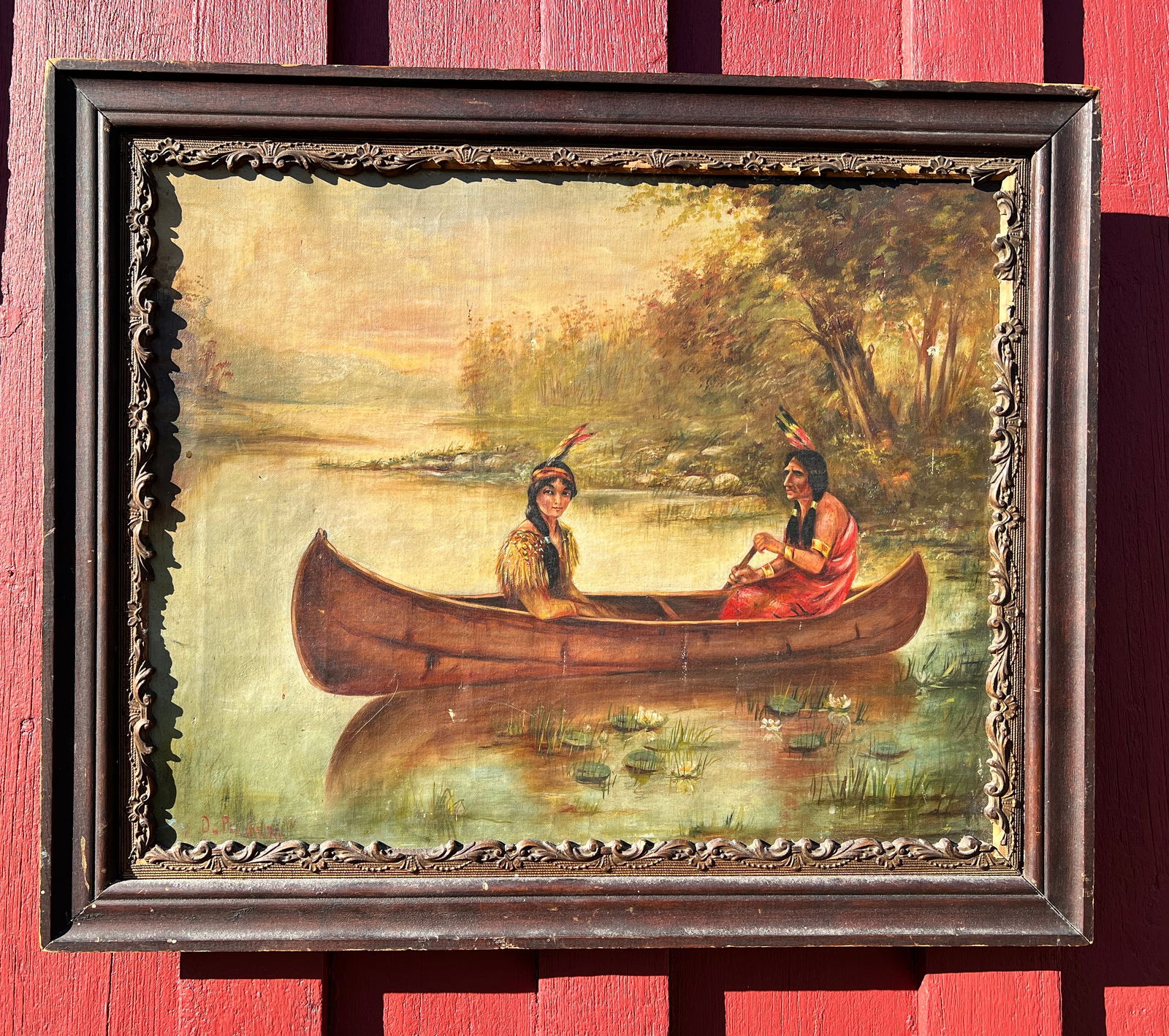 Antique Oil Painting of Indians in Birch Bark Canoe. (1 of 6)