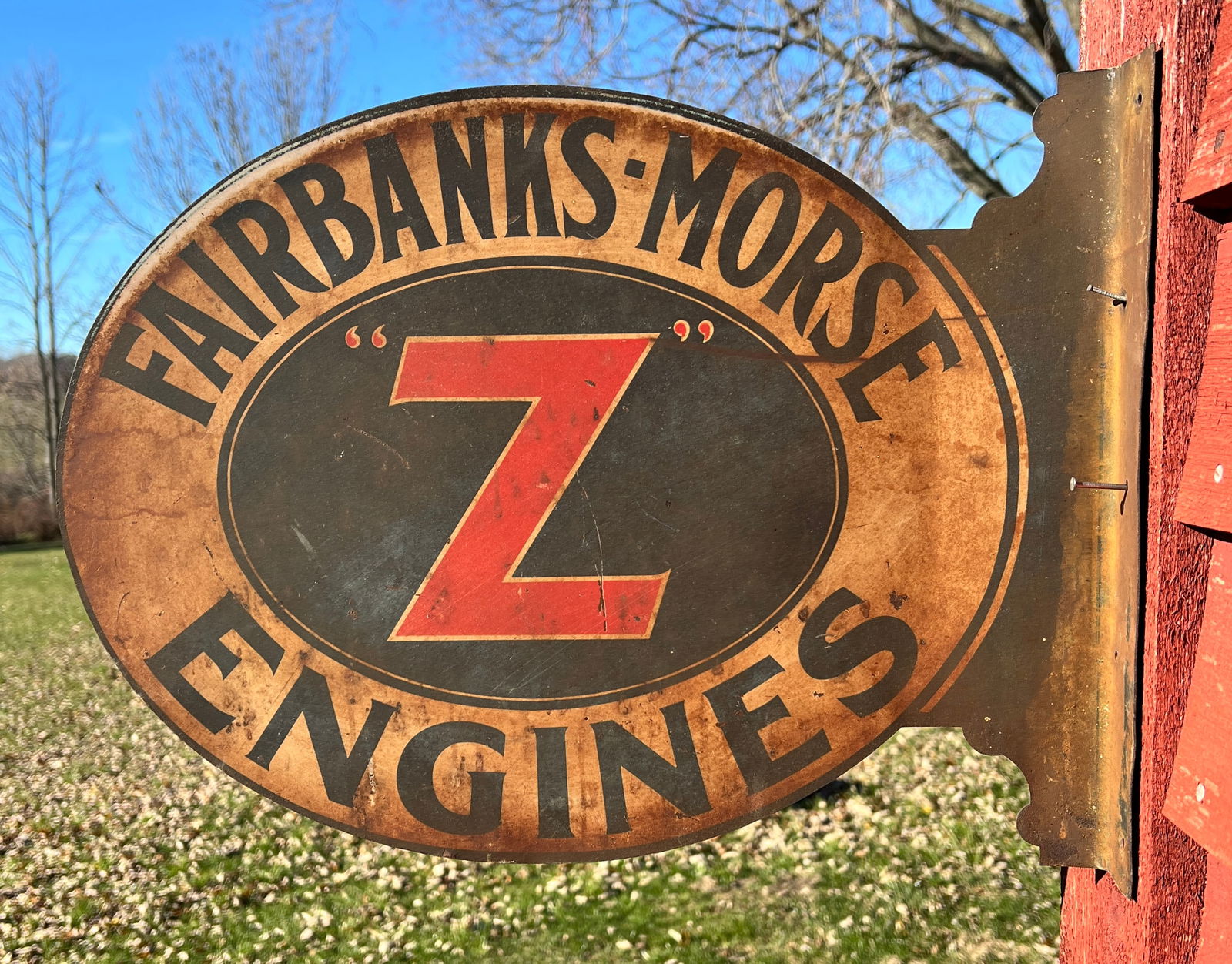 Fairbanks Morse Z Engines Flange Advertising Sign: Rare Flange Double Sided Sign. Made by the Elwood Myers Co - Springfield, Ohio. Whats to Love - I think these Engines were for Farm Machinery.
