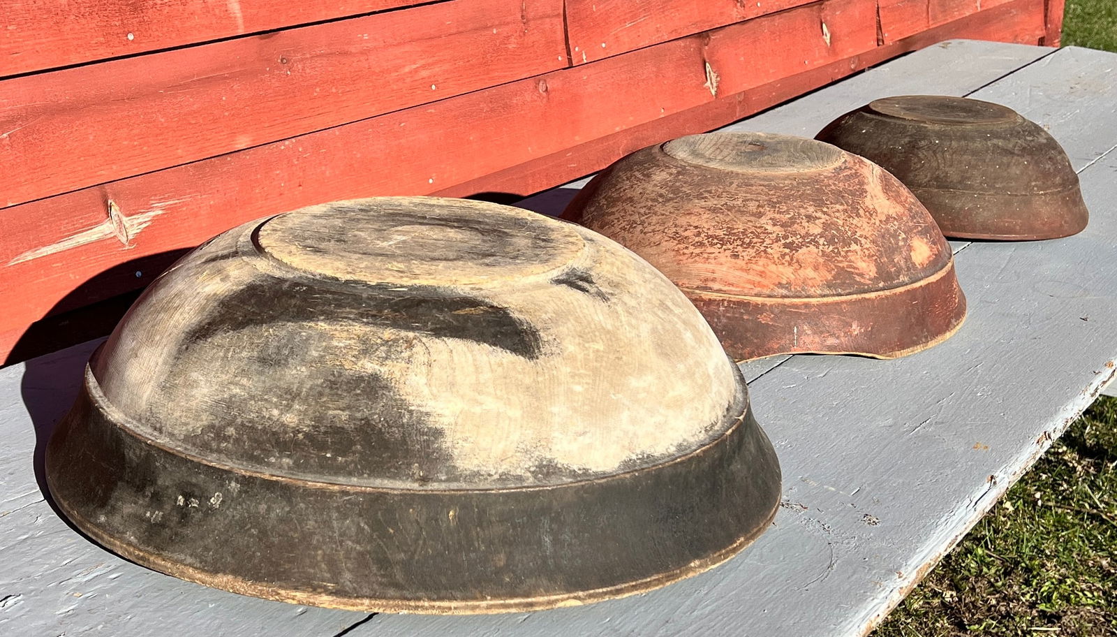 3 Painted Wood Bowls from one Country Farmhouse Graduated Folk Art Set: These came out of a Northern NY estate and just a fine set of untouched painted bowls w dry surface. Early circa 1830's. Just love em. What's to Love - The thick kinda flared rims are unique.