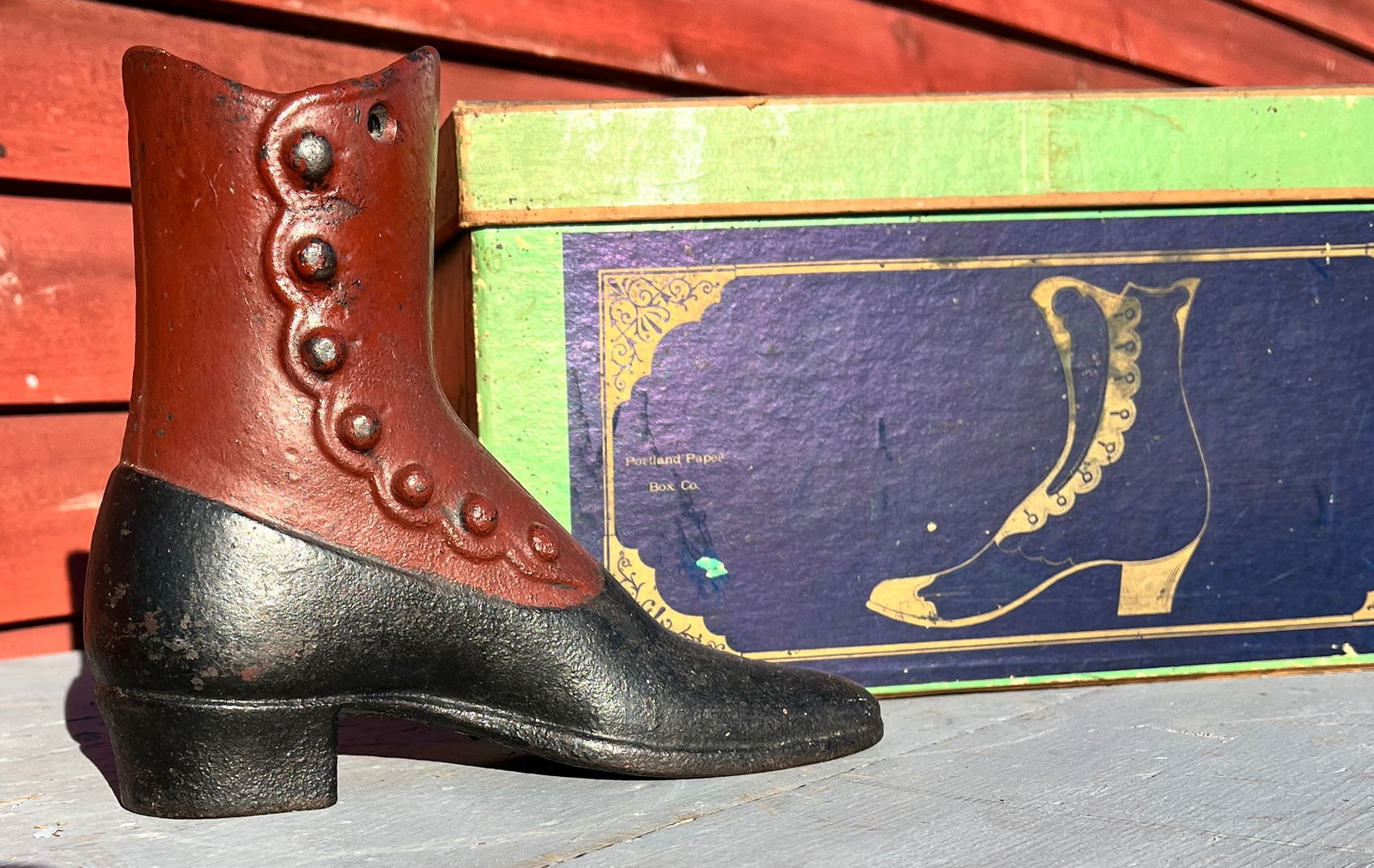 Victorian Early Mannequin Store Display Ladies Painted Cast Iron Shoe w/ Box: Original paint and good shape.What's to Love - Comes w/ a nice shoe box.