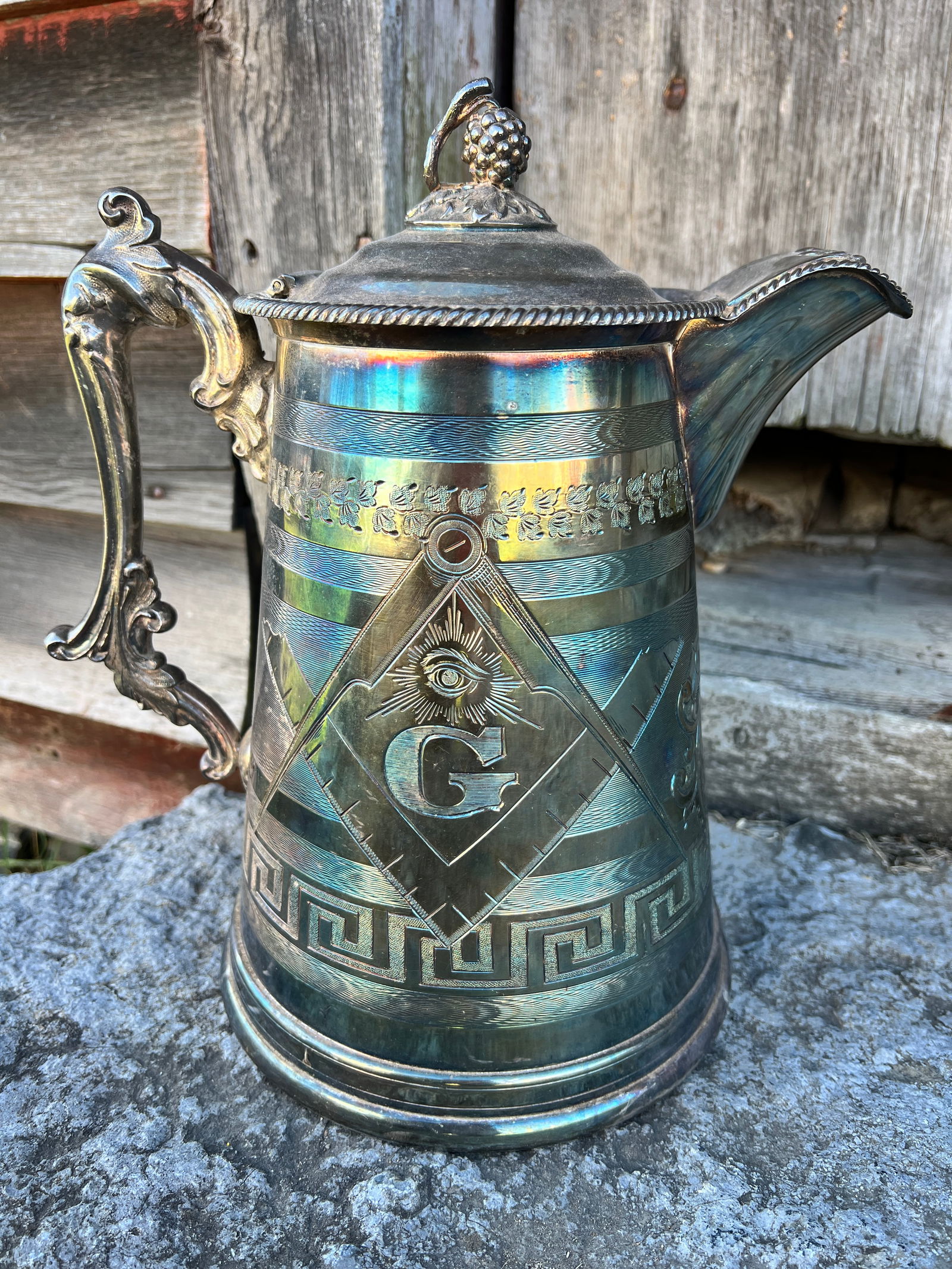 1866 Presentation Trophy Award Masonic Lodge Pitcher - Awesome: This a large pretty great fraternal item w/ elaborate engraving. Very impressive in person. Dated 1866 and inscribed for presentation. Double sided.What's to Love - The EYE.