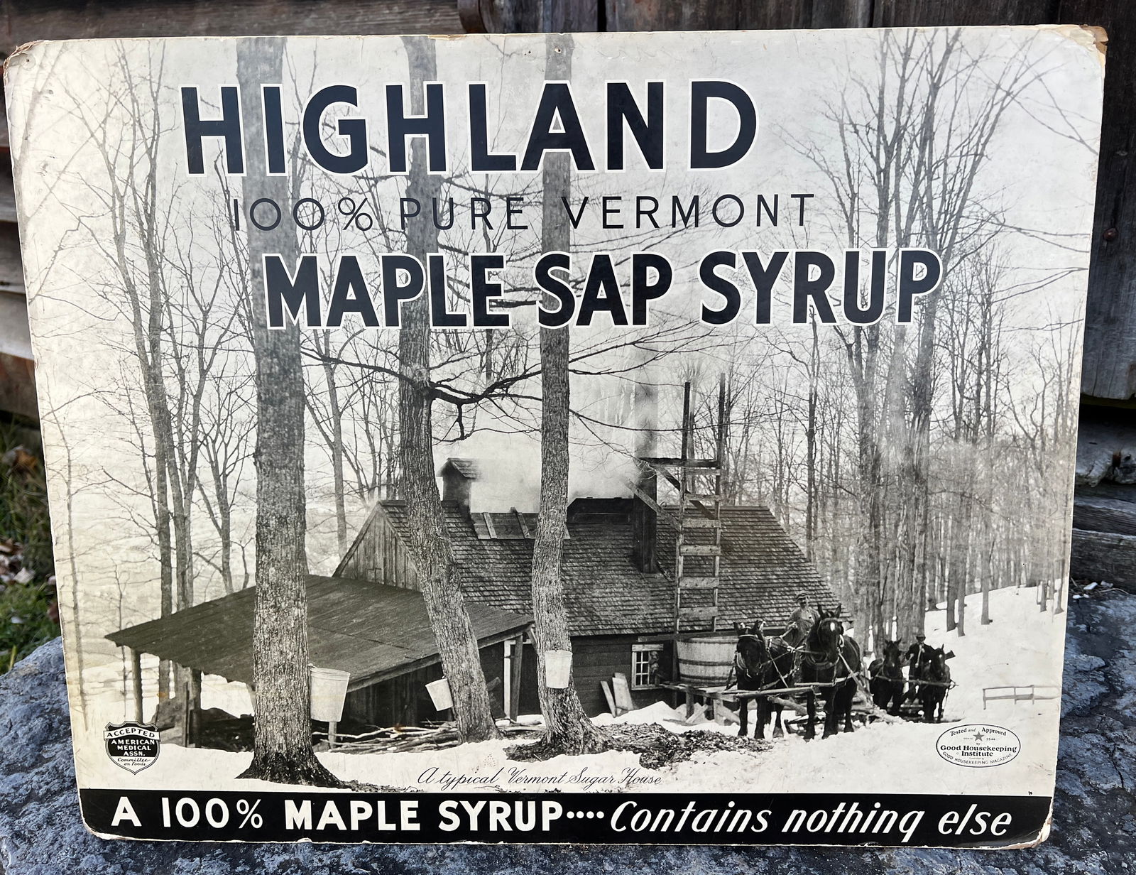 Advertising General Store Sign Vermont Maple Sugar Syrup Good Housekeeping Institute: Most likely for a General Store is the charming easel back antique sign. Signed w/ maker Webster NY on back. Classic Vermont Sugar House w/ a great huge wooden sap bucket. What's to Love - Its an ease