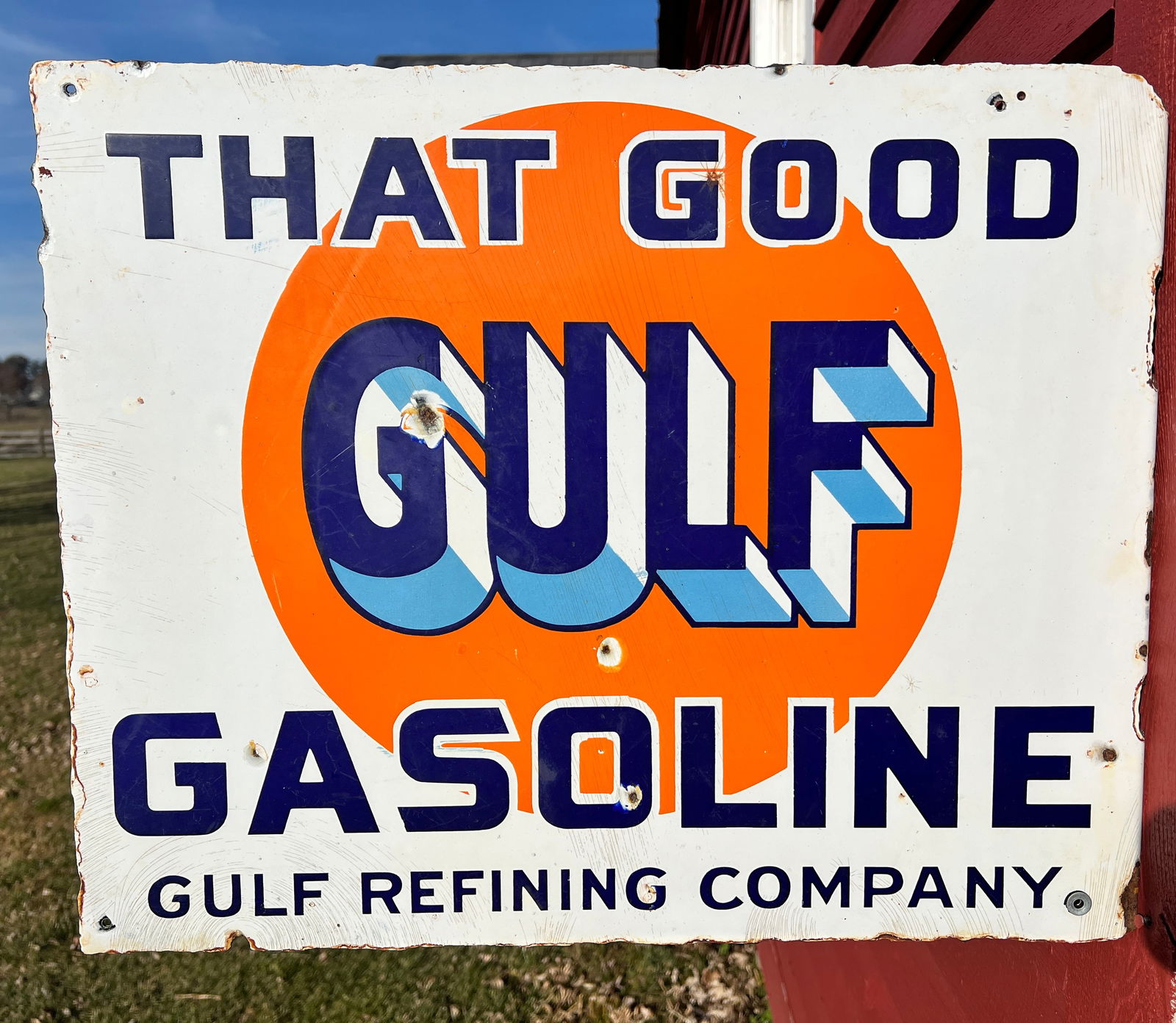 Colorful Original That Good Gulf Gasoline Advertising Flange Sign: Double sided Gulf Refining Company. Signed by the sign maker on flange edge NY as shown. No restoration. What's to Love - This is an authentic original sign.