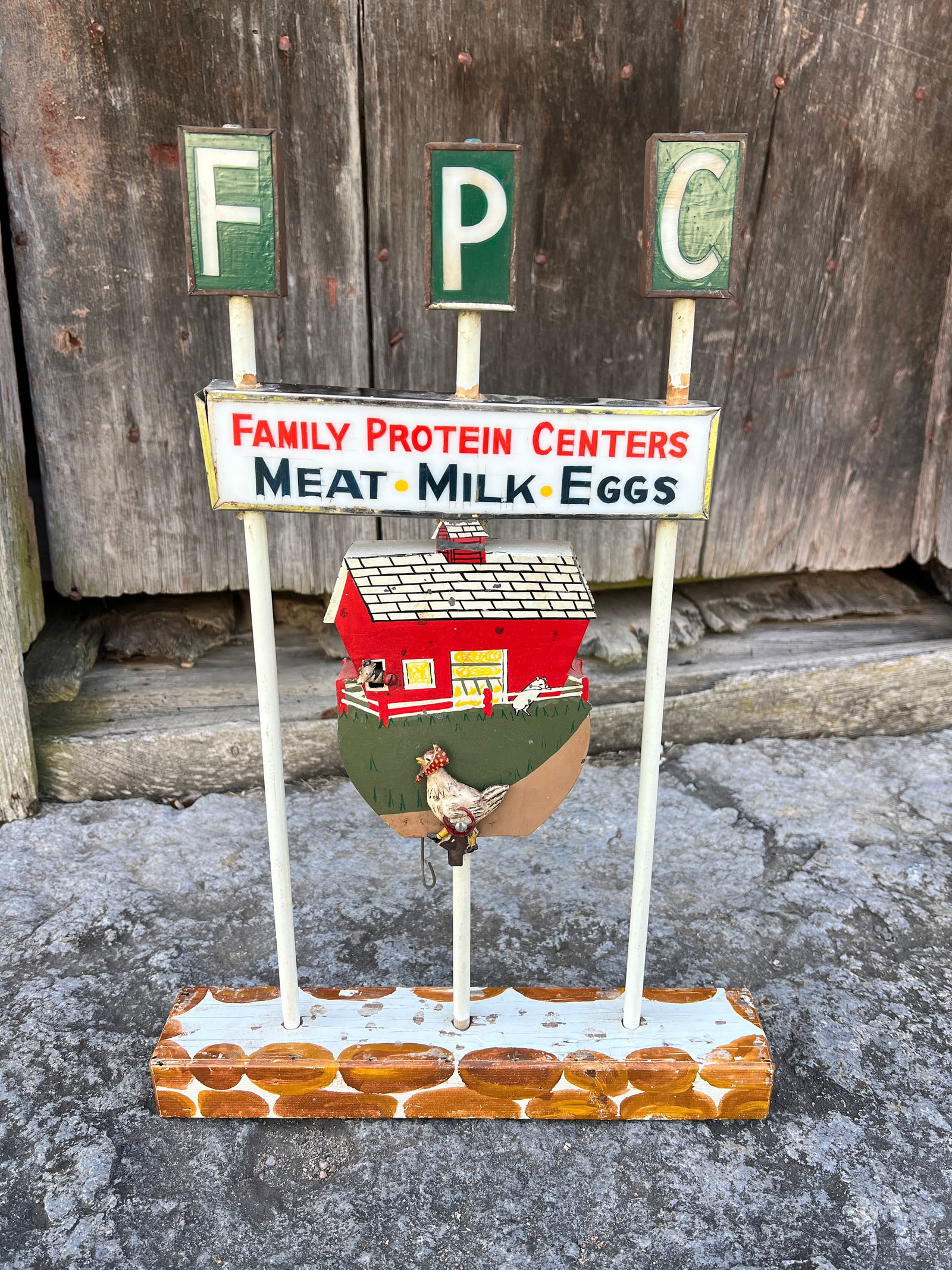 Meat Milk Eggs Grocery Store Advertising Sign Figural Farm Scene: Never seen one of these signs and one of my favorites. Family Protein Centers advertising w cute barnyard. What's to Love - Sign is colorful, figural, mechanical, has animals and classic 50's time per