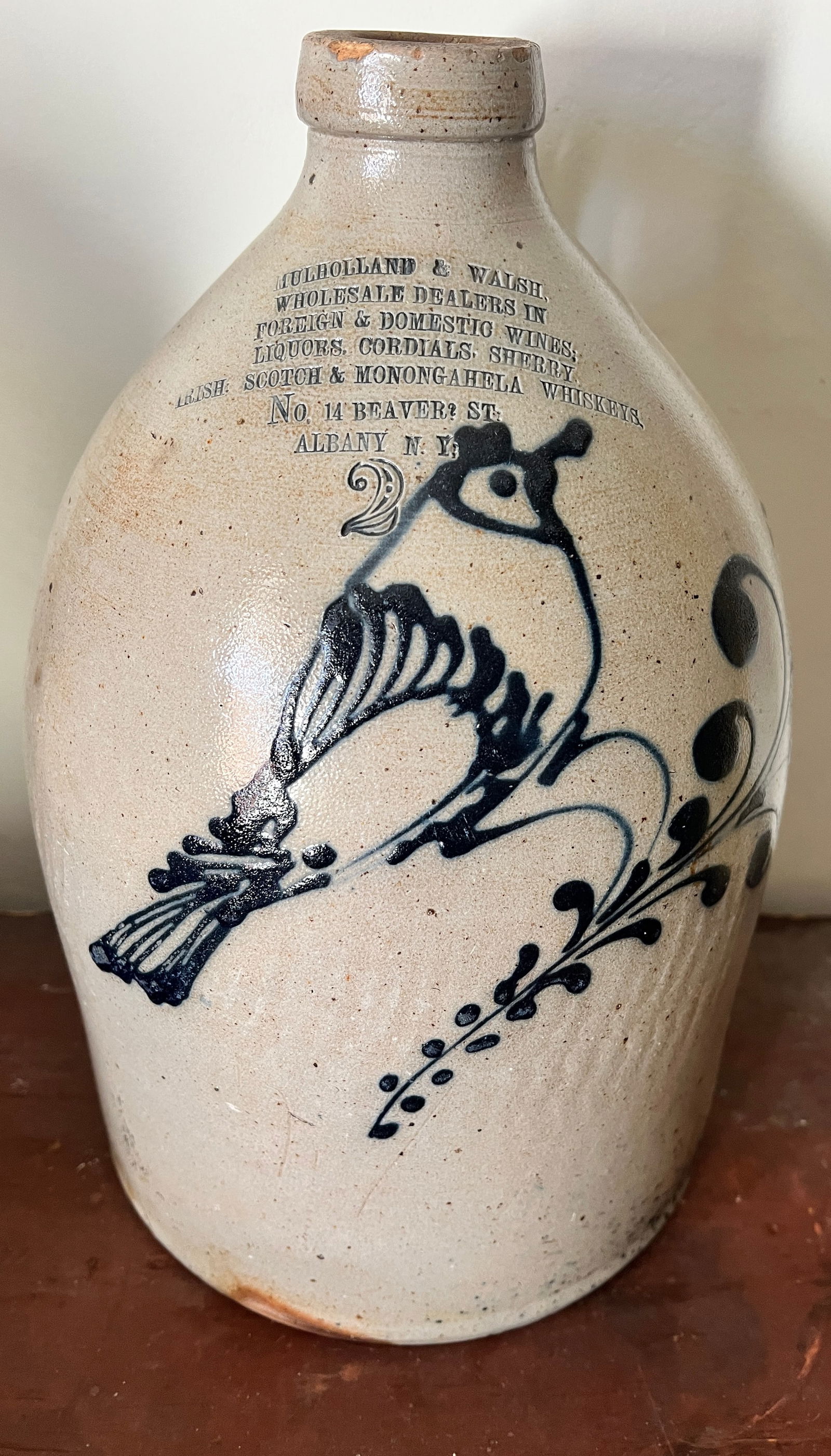 Amazing Liquor Advertising Albany Merchant Stoneware Jug Blue Decorated Bird (1 of 13)