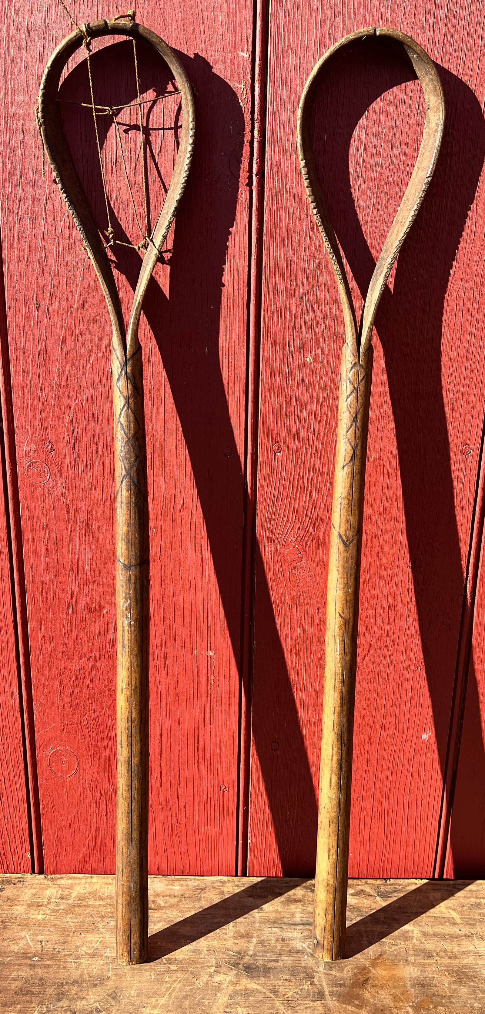 American Indian Choctaw Pair of Lacrosse Sticks - Early Antique: Circa 1870's. This is for the pair of early 19th century Lacrosse Sticks Stickball. With wonderful carved decoration. Great example. What's to Love - The patina and carvings.