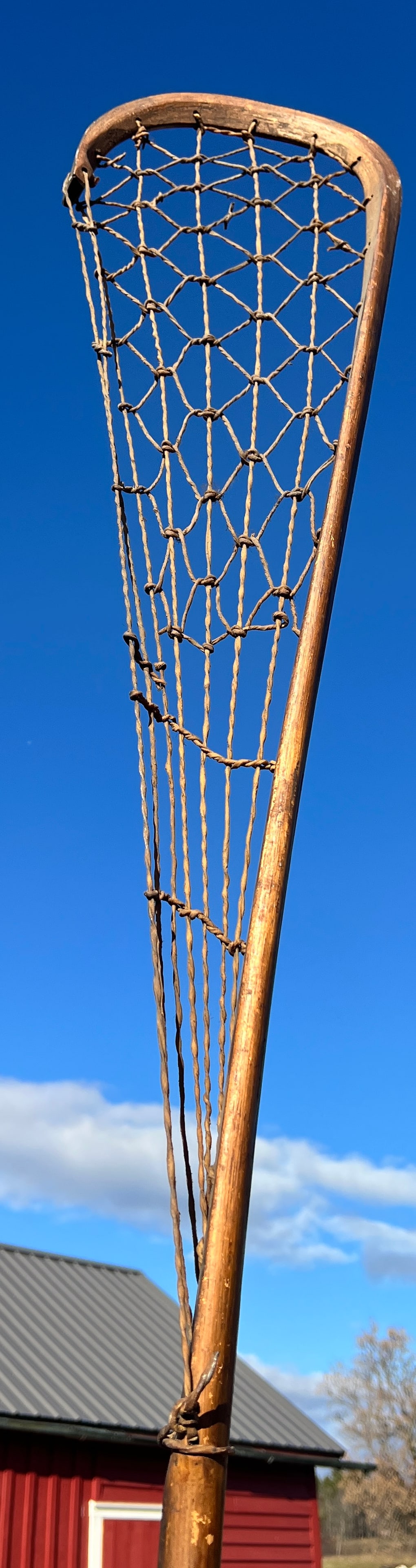 19th Century Iroquois Lacrosse Stick American Indian - Rare: This is a scarce early Iroquois Lacrosse Stick in great original shape w/ a nice carved handle end, original gut and patina. Came from a collection where the guy owned it for over 40 years. Great Stic