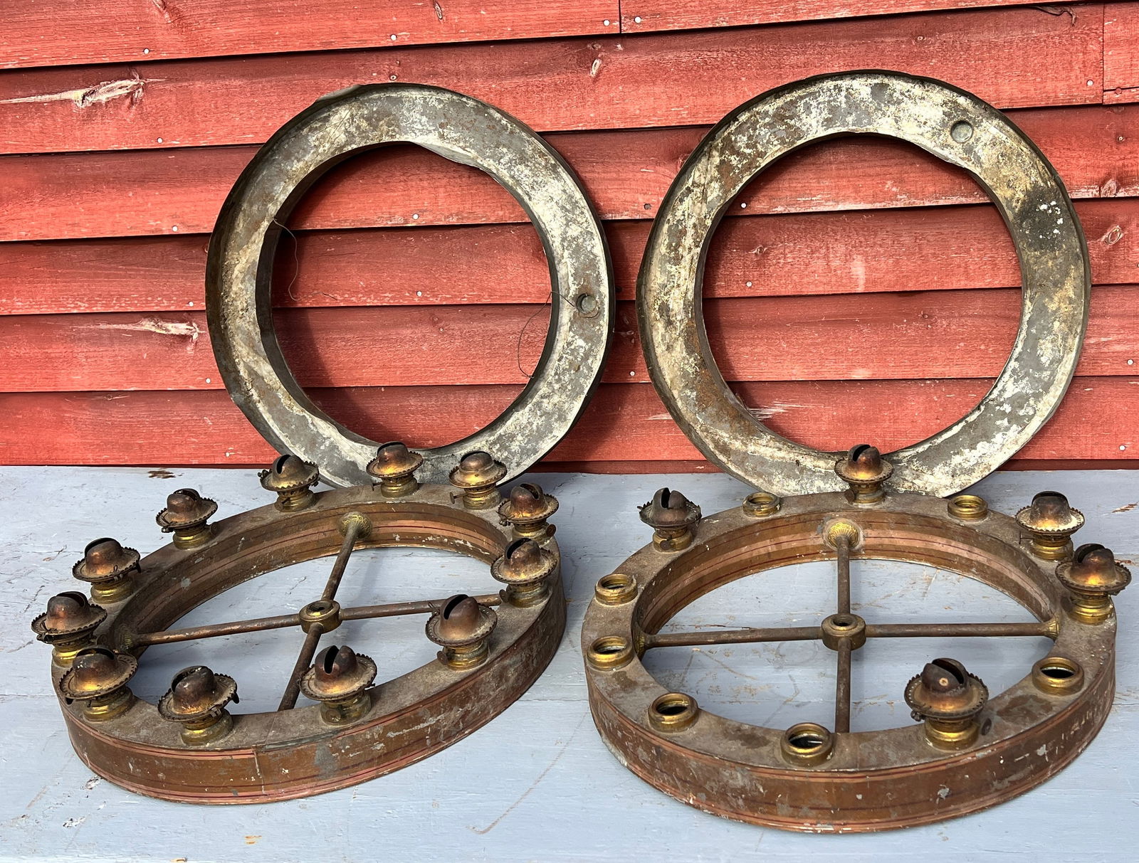 Pair Tole Painted I. P. Frink Lamp Lighting Chandelier Ceiling Fixtures: Original kerosene reservoir and burners to this tole painted metal unsigned and strongly attributed to I P Frink Chandelier Ceiling Fixture that would have gone together w/ a big Mirrored Shade for a