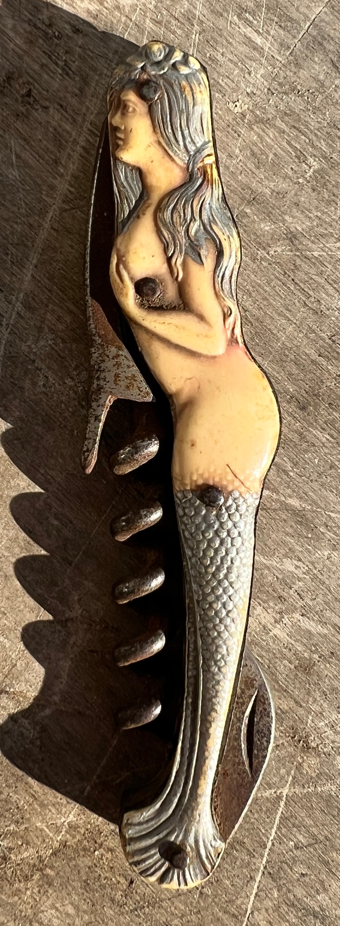 Rare Figural Mermaid Cork Screw Bottle Wine Opener Antique: Beautiful figure. What's to Love - Who doesn't like Mermaids.