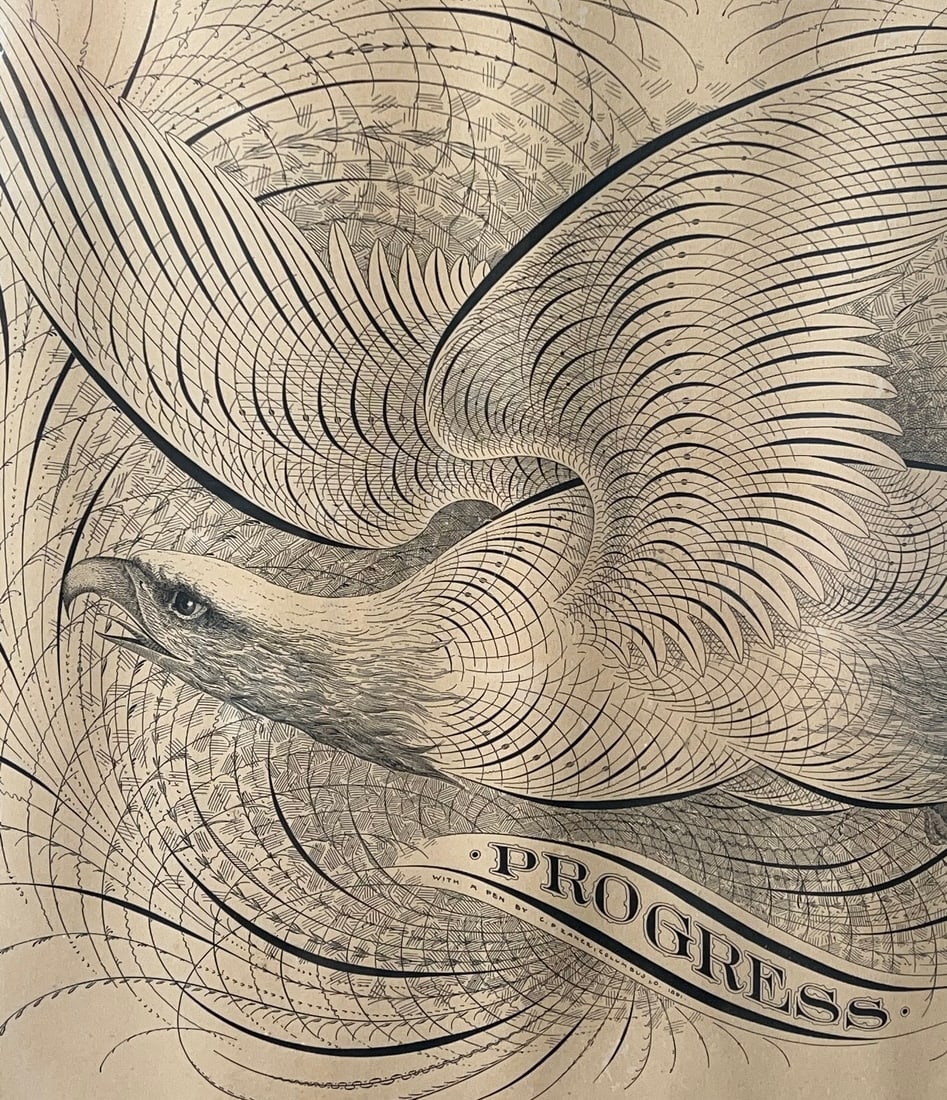 Very Detailed Folk Art Eagle for Progress Art Drawing Calligraphy 1891: This is signed "With a pen by C P Zaner Columbus Ohio 1891". Just an amazing piece of penmanship Calligraphy. 22.5 by 28.5 inches w frame. Whats to Love - Incredible detail.