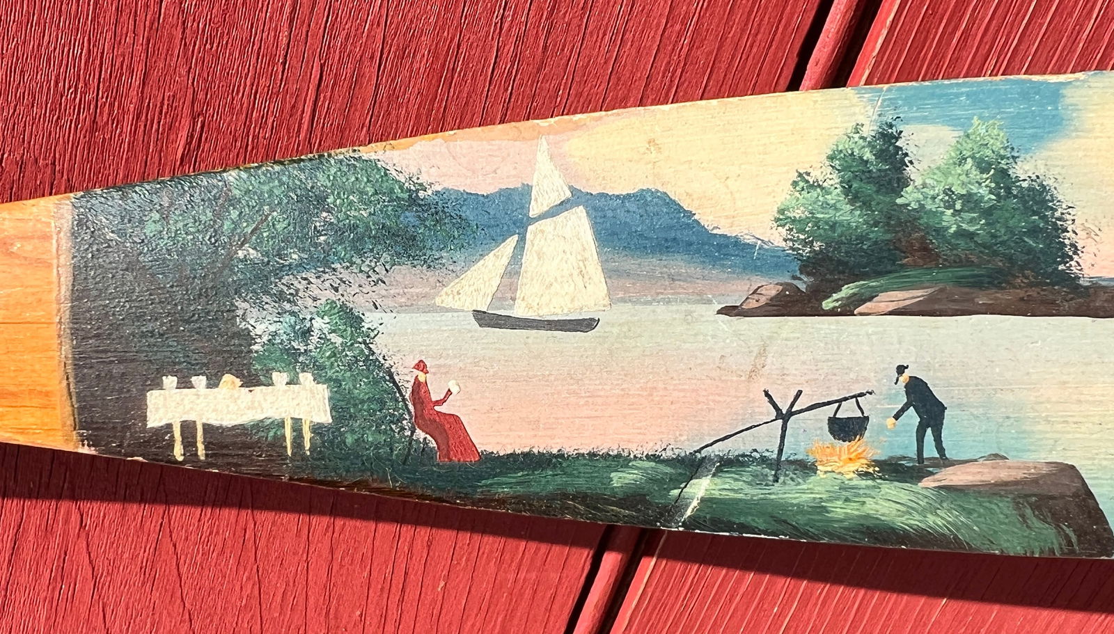 c1910 Alpheus Keech Fishing Dinner Souvenir 1000 Islands Adirondack Canoe Paddle: Excellent colors and patina that just POP. Souvenir from the St Lawrence River Thousand Islands - 21 inches long. What's to Love - The way the Pot is hung on the fire.