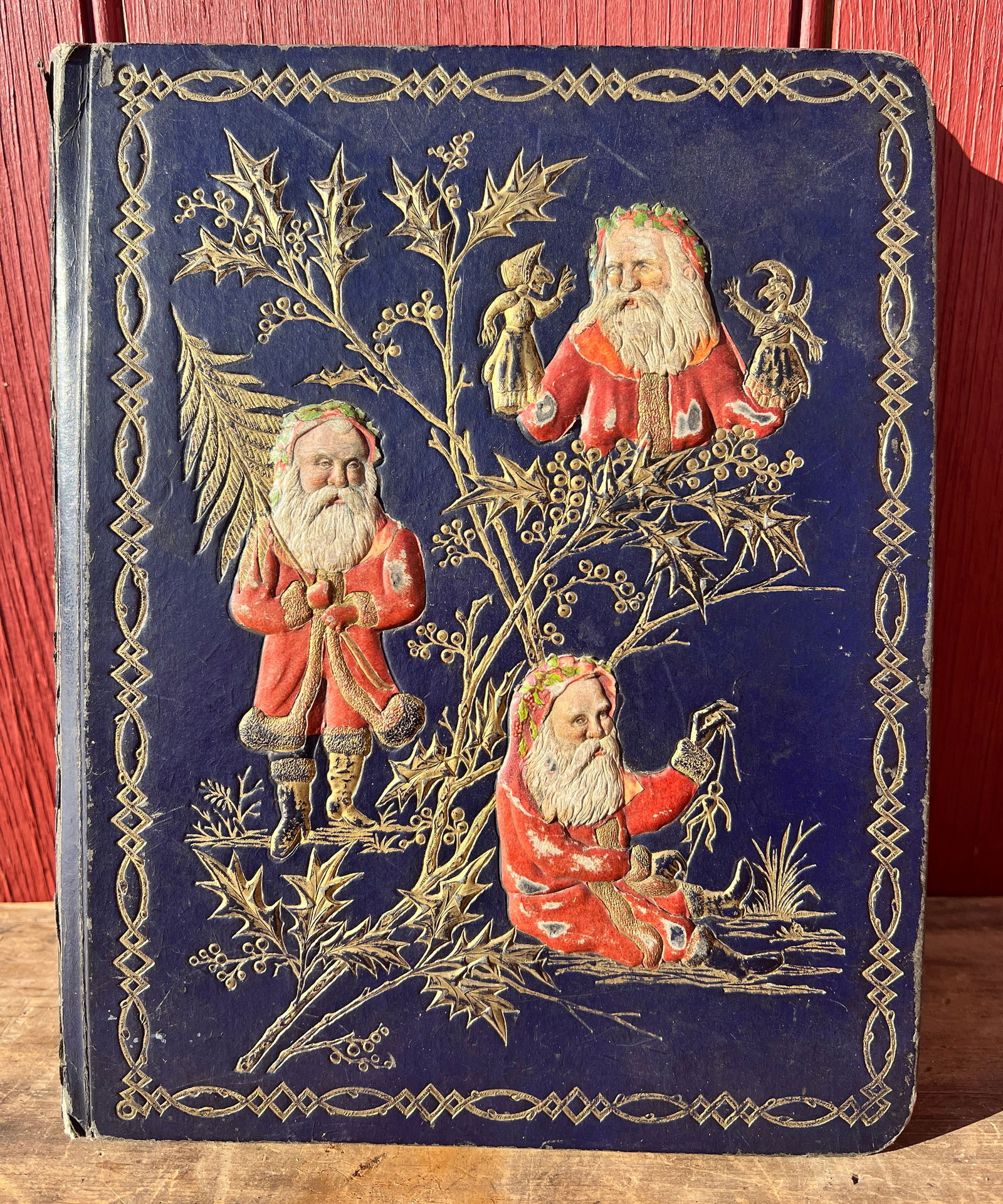 Antique Christmas Embossed Santa Claus Fashion Scrap Book Victorian: Very cool early Christmas Scrap Book filled w/ Fashion Die Cut Outs w/ some advertising. What's to Love - All 3 expressions of Santa - look close at their pose.