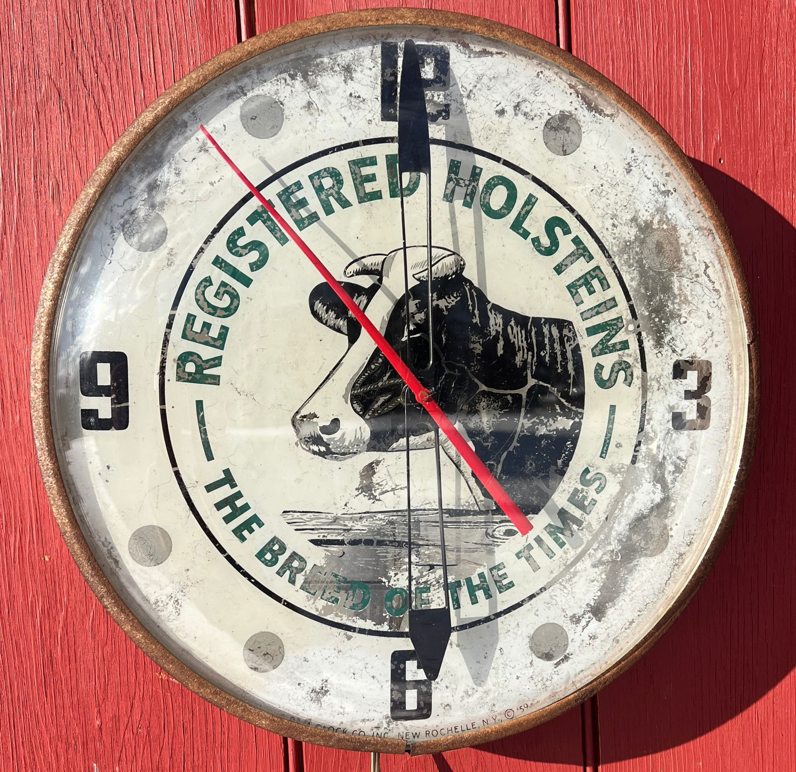 1959 Pam Clock Co Farm Advertising Registered Holsteins Cow Sign Lamp: Reversed Painted Clock w/ advertising for "The Breed of the Times". I have never seen another one. Made in New Rochelle, NY. Lights up on both sides as shown - only one bulb works. The clock hands did