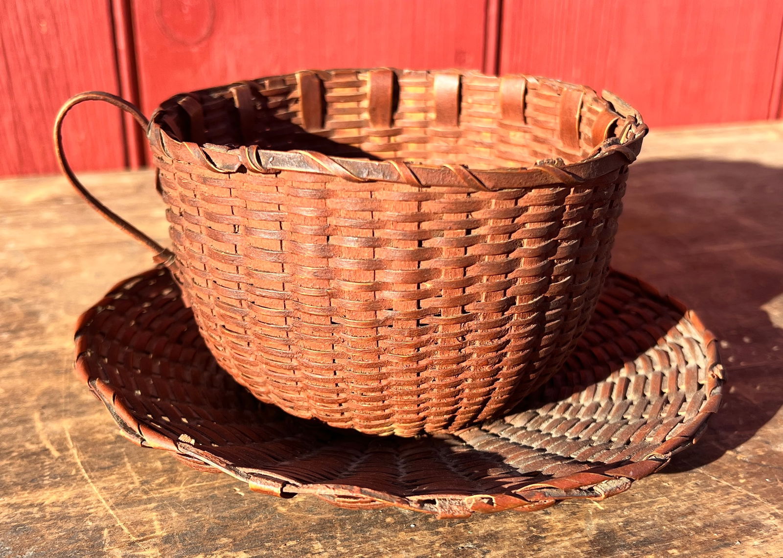 Early Fantastic American Folk Art Basket Tea Cup Original Red Paint (1 of 11)