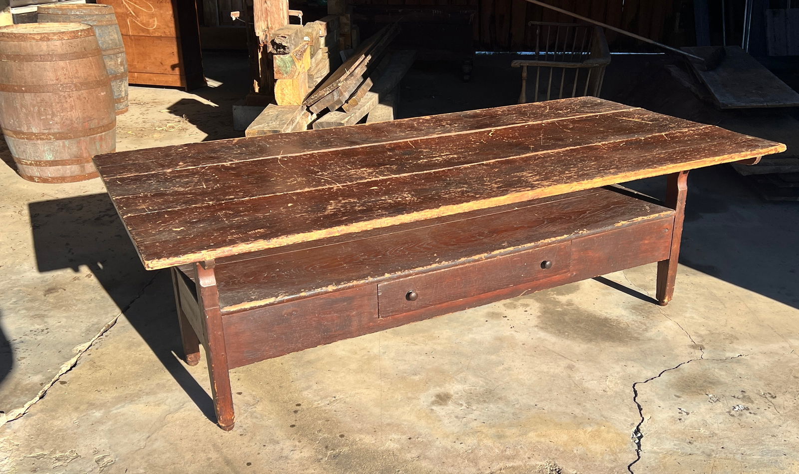 Early Painted Large Hutch Dining Harvest Table American Folk Art Country Farmhouse: Circa 1820. Approx 7 Feet Long by 42 wide by 27 tall and base 71 inches by 21.5 inches. Circa 1820. What's to Love - Awesome extra large country top w/ nice warm patina.