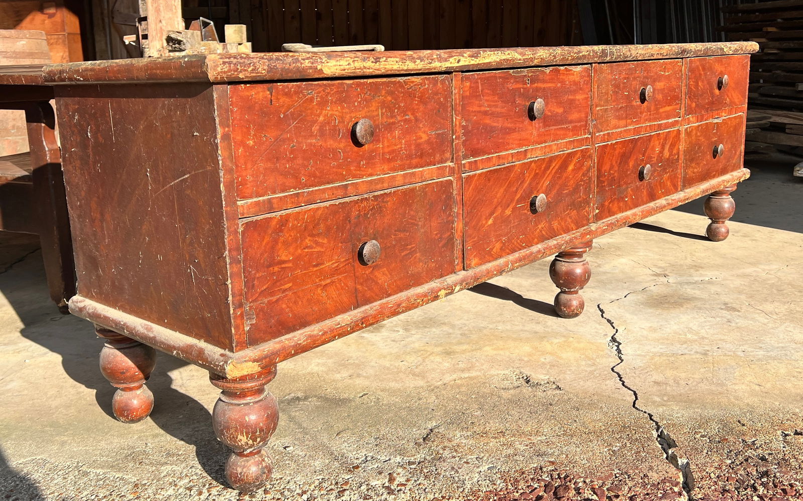 Early Country Store Counter Original Paint Apothecary Drawers: Original grain paint and great design w/ strong legs. Really lovely piece. All original. Approx. 91 inches long by 21 wide by 27 high. What's to Love - Perfect country store display piece.