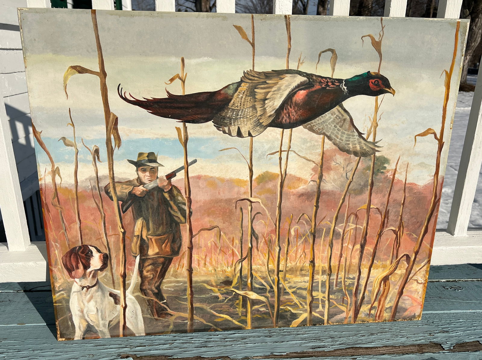 Illustration OIl Painting of Hunting Scene Dog Bird and Hunter w/ Gun: Approx 24 by 30 inches. Oil on Canvas Board. Circa 1940's and very good original shape w/ bright colors. Most likely a cover to a Outdoor Magazine. Unsigned. What's to Love - Feels like November.