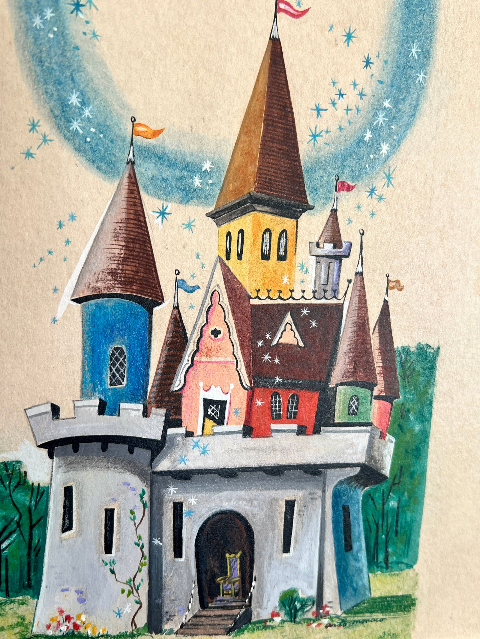 Rare Arto Monaco Adirondack Painting Land of MakeBelieve Castle !!!: Famous Adirondack Artist. Theme amusement park and toy designer. Amazing career just google him. Worked w/ Rockwell Kent and Walt Disney. This is a rare painting I do believe in oil or gouache. This p