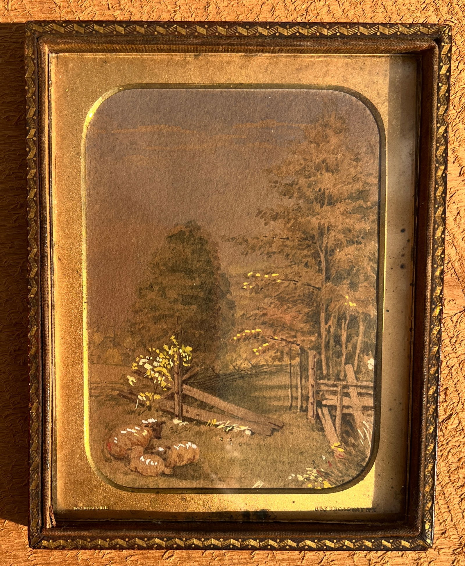 Interesting Painting in Daguerreotype Photograph Case McIntyer NY: Gouache and watercolor landscape painting housed in a Dag Case. Case is Appox 6 by 4 3/4. What's to Love - The sheep in foreground.