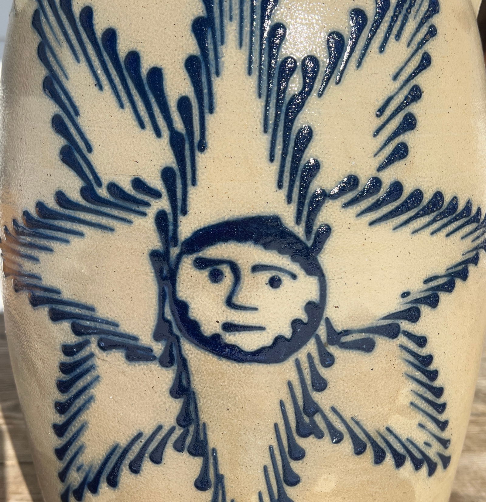 Blue Decorated Stoneware Starburst w/ Man & Beard 5 Gallon Harrington Lyons NY: Made by Thomas Harrington - circa 1860. Lyons NY. 5 Gallon Butter Churn Crock. Beautiful blue design that almost jumps out from the surface w/ a man with a little beard. The Starburst has nice thick b