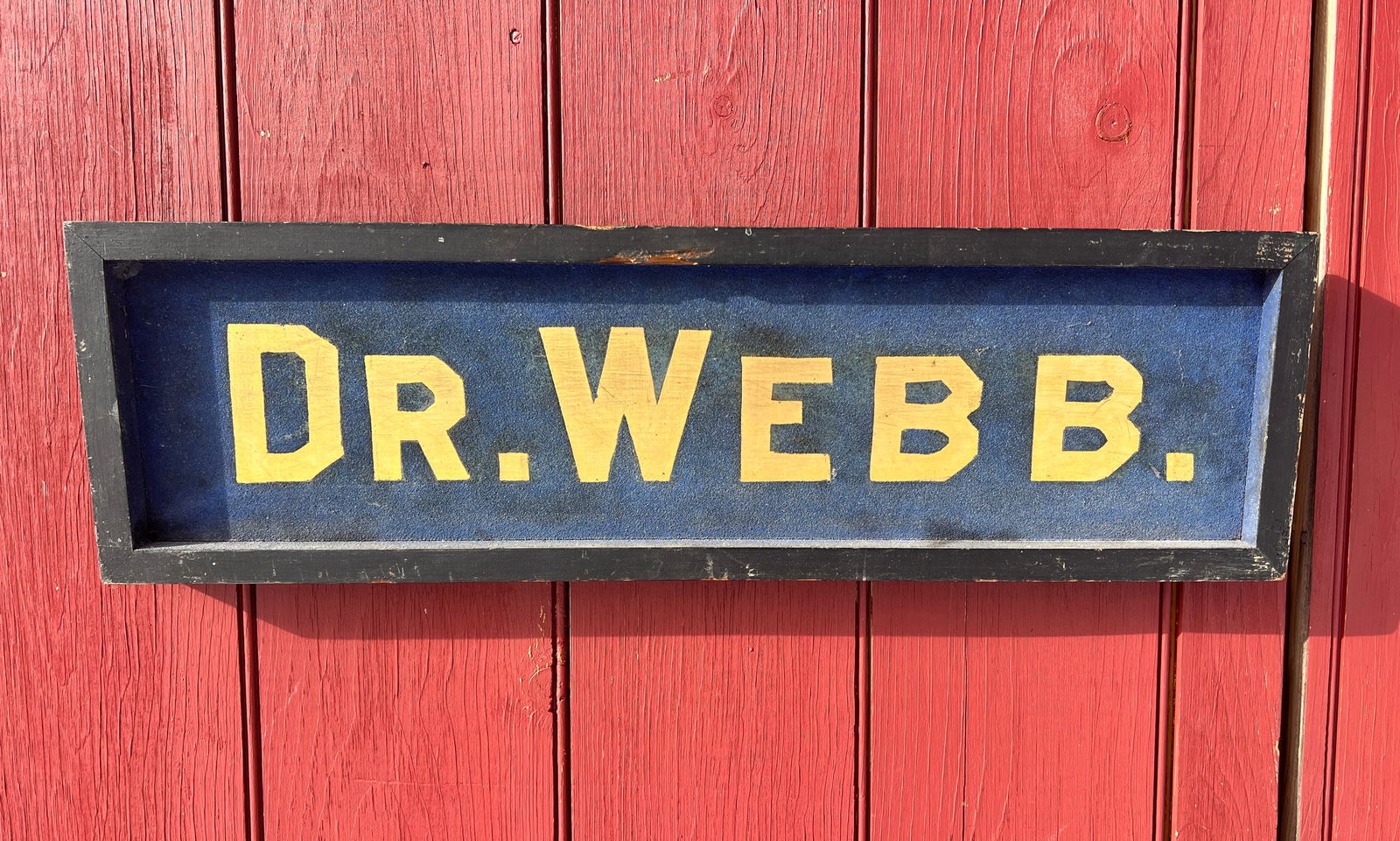 Beautiful Blue Smaltz & Gold Gilt Wooden Dr. Webb Advertising Sign: Great little doctor's sign w/ colors that pop. From a Vermont estate. What's to Love - Purchased near Shelburne Vermont and apparently from the family of the Webb's who started Shelburne Museum.