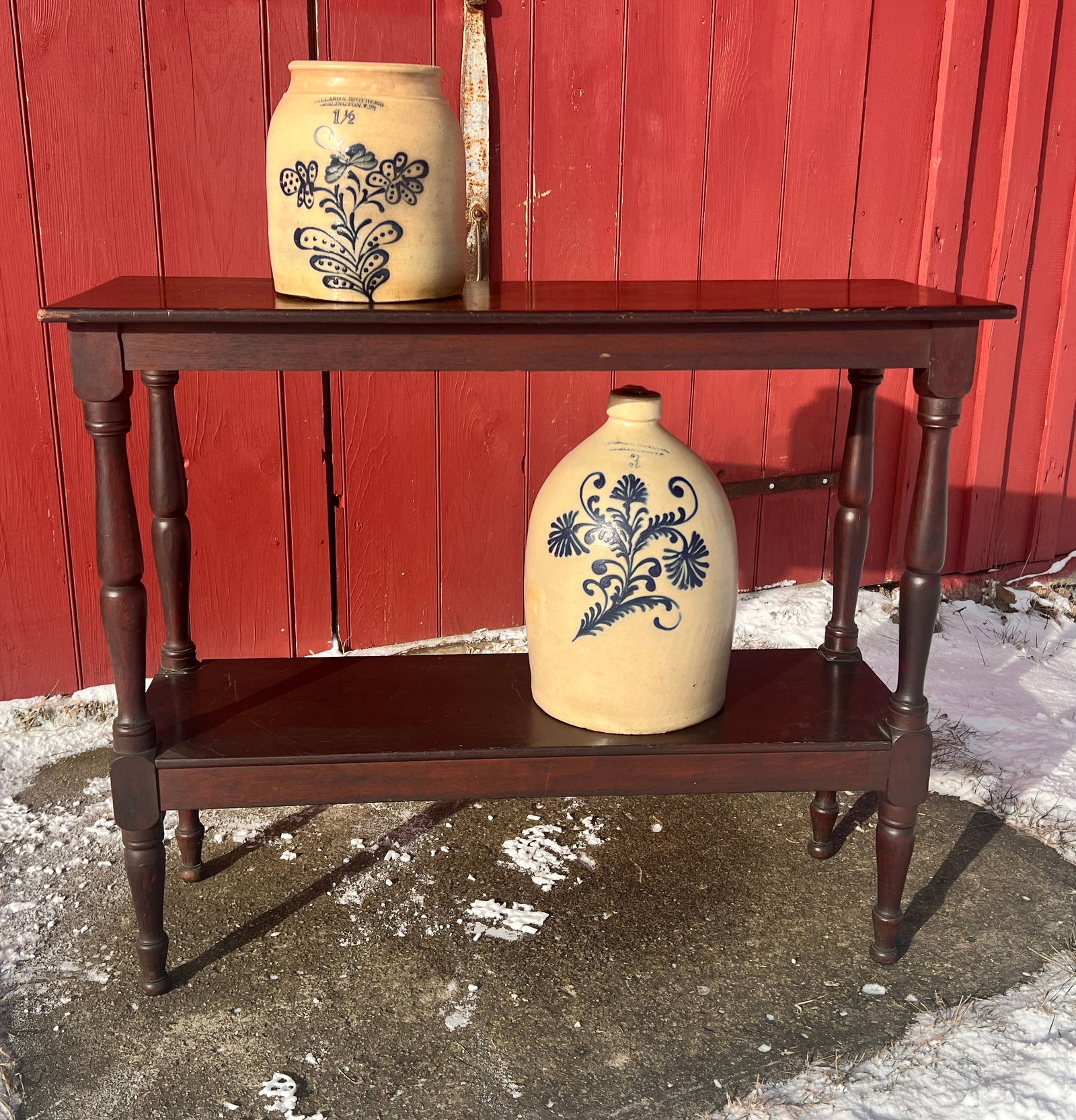 Walnut Circa 1850's Crock Stand Shelf Table: This is a period 1850s table. I do believe it is Walnut. Great for all types of items. Stoneware not included. Good and Stable. What's to Love - Perfect to display your Best Blue Decorated Stoneware.