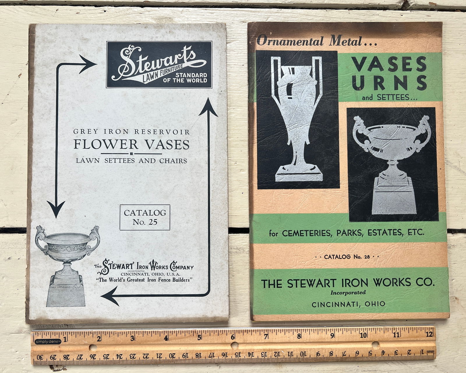 2 Garden Staturary Cast Iron Urn Vases Catalogs Stewart Iron Works: Great little catalogs w/ price sheet and all types of Cast Iron Urns , Settee Benches, Chairs etc. By the Stewart Iron Works Company in Cincinnati Ohio. 1933. One is 31 pages and the other 24 pages fu