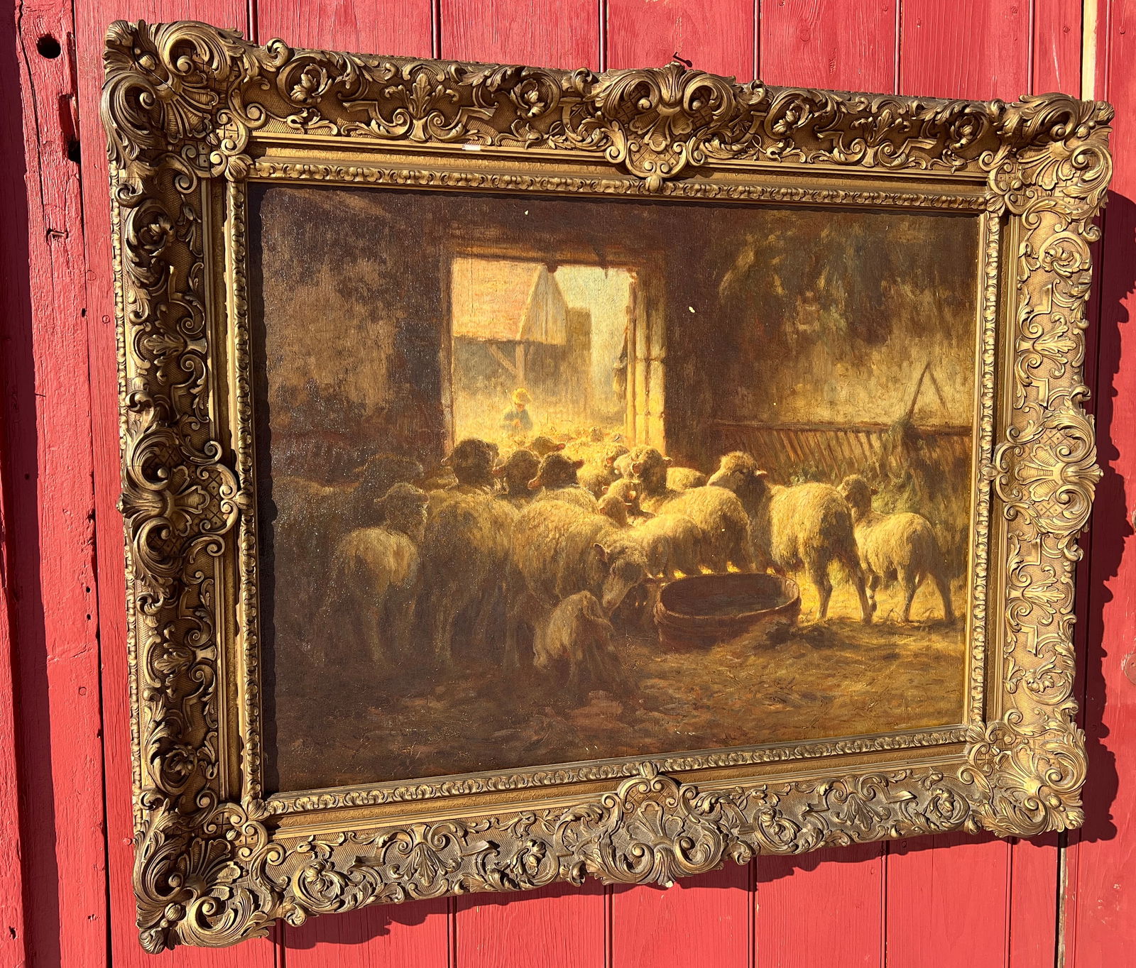 Charles Clair (French, 1860-1930) Oil on Canvas Sheep Painting in Barn - Signed (1 of 17)