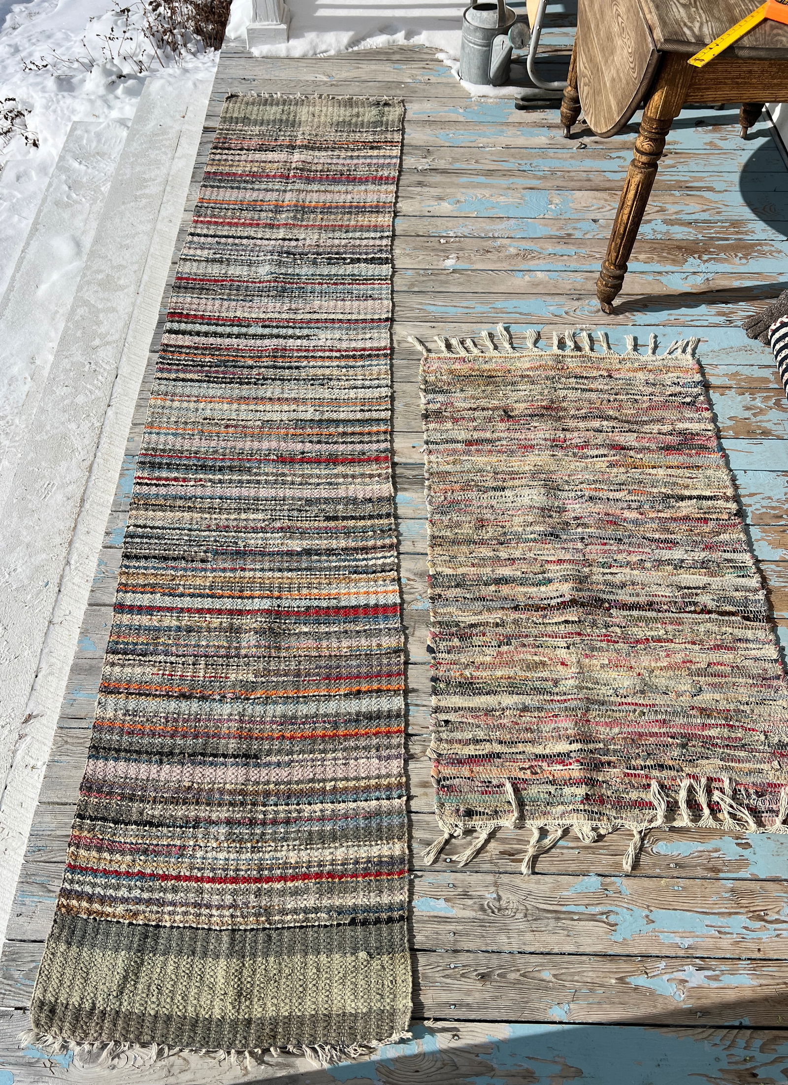 2 Farmhouse Country Rag Rugs Handmade Folksy: Circa 1900. Came out of a local Farmstead. Colorful and warm looking. One is approx. 112 by 25 inches and the smaller is 49 by 29 inches. Good shape w/ wear and could use a light cleaning. What's to L