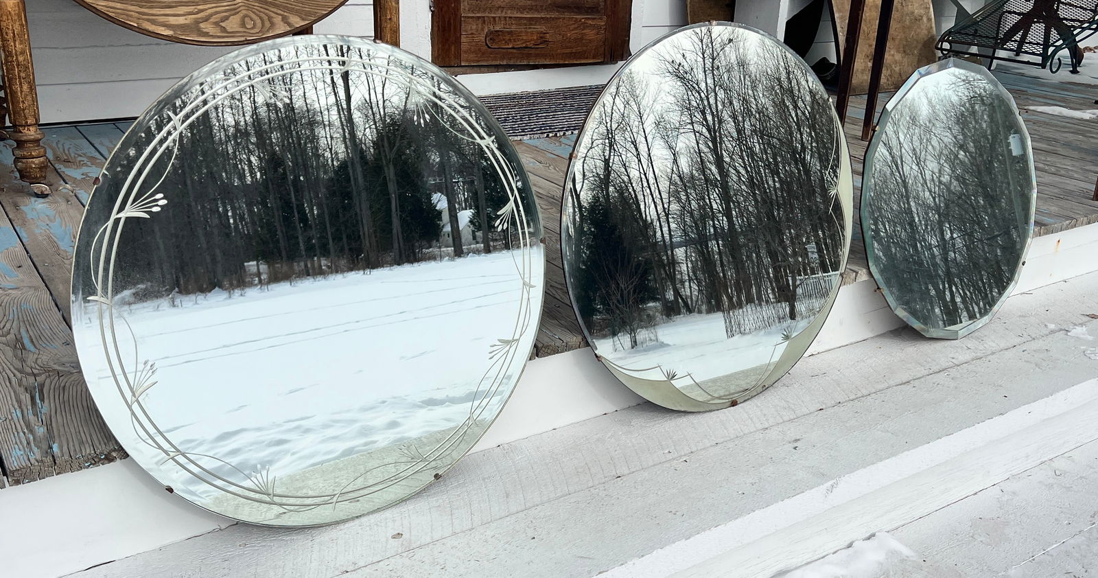 3 Art Deco Wall Mirrors Round Etched Beveled Antique MCM: Classic Mirrors. This is for all 3. One is approx 23 and the other 2 are 28 inches. All three are beveled and 2 have beautiful etchings. What's to Love - These are quality.