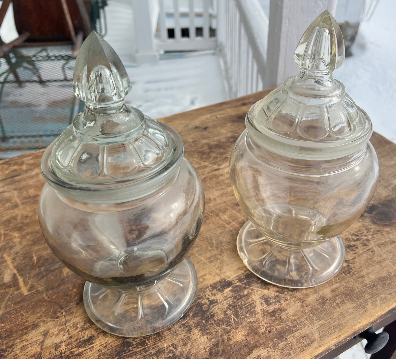 Pair of Antique Apothecary Glass Jars Pharmacy General Store: This is for the pair which are almost identical but they slightly vary - hard to tell. One has a very small chip on the underneath of edge of base as shown besides that both in good shape w slight wea