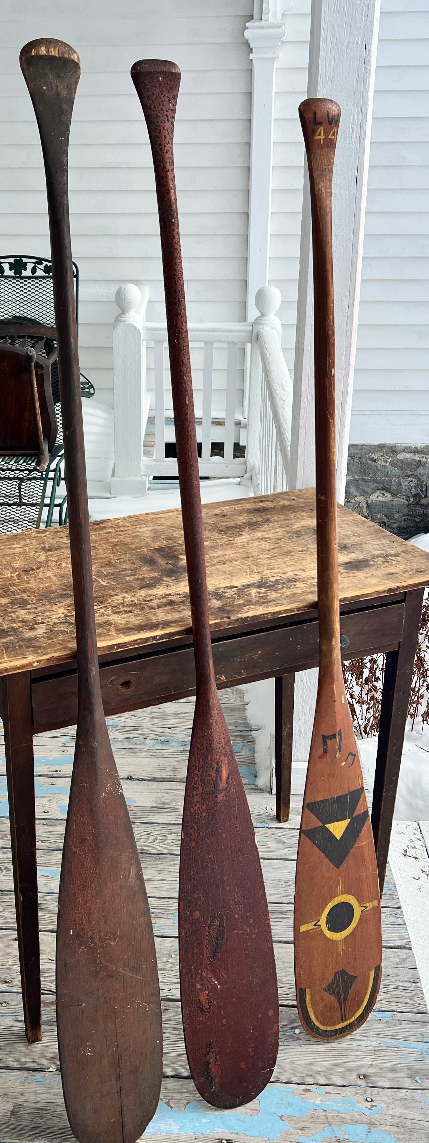 3 Early Adirondack Camp Canoe Paddles Nice Patina: This is for all 3. With one having nice camp paint decoration. Great Patina. I do believe one is by Old Town Canoe Company. What's to Love - Great Adirondack Camp Cottage Decor.