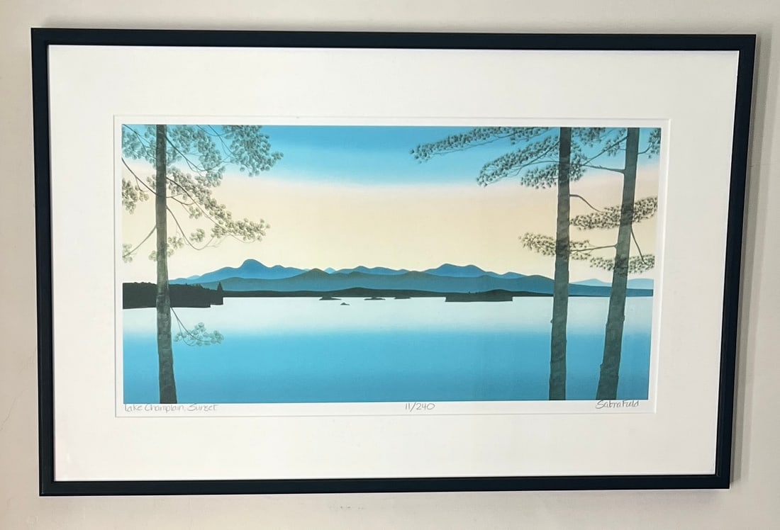 Woodblock Print by Sabra Field Lake Champlain , Sunset - Vermont Artist: Wonderful image titled "Lake Champlain, Sunset" and is approx. 10 by 20 and frame 16.5 by 26.5 inches. The colors have faded. What's to Love - That's the view from my house.