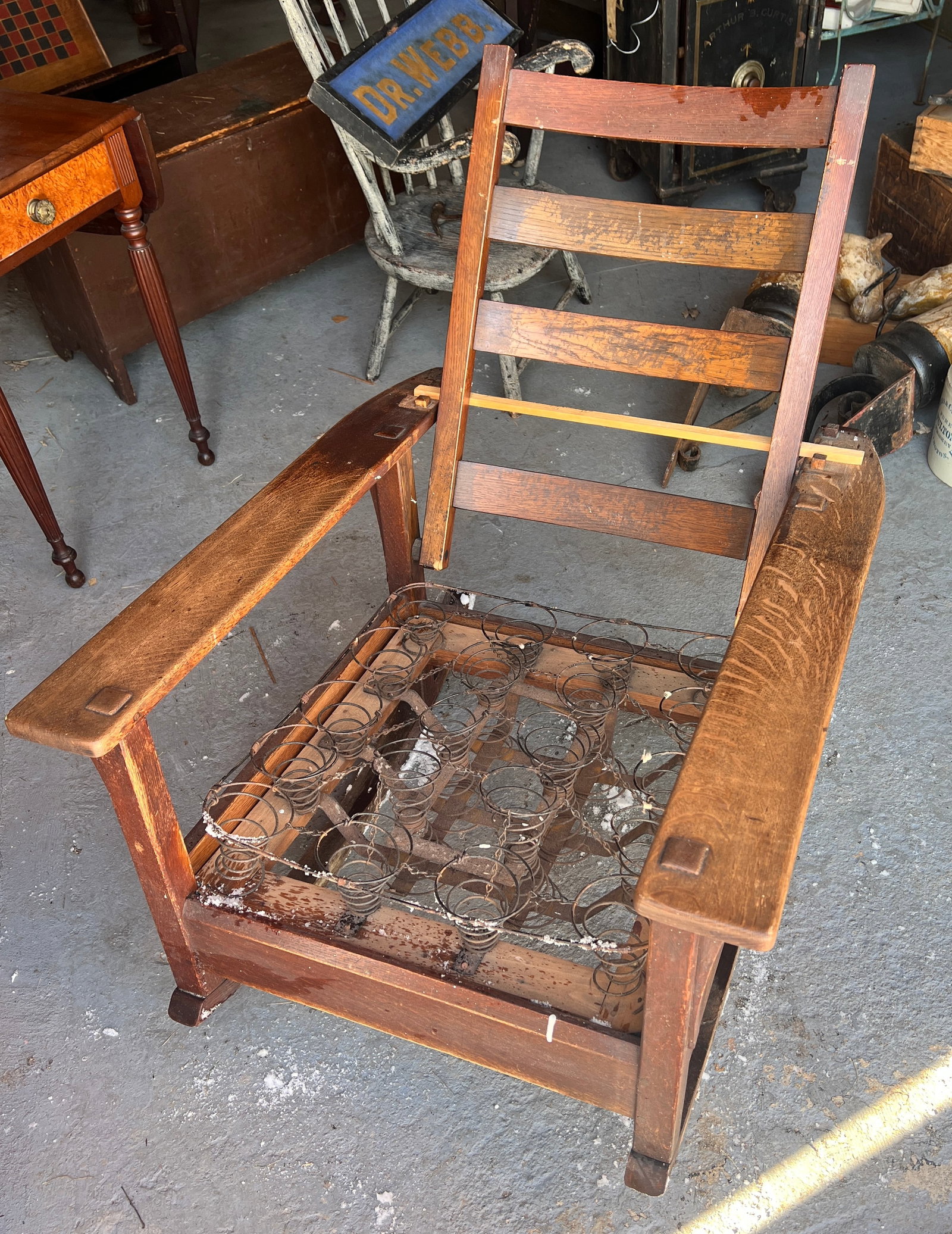 L & J G Stickley Morris Rocking Chair Arts and Crafts Mission Oak: Original seat foundation. No cushions. Missing original back bar. But nice and tight, good shape and dark original finish and patina. Unsigned but guaranteed L & J G Stickley. What's to Love - You can