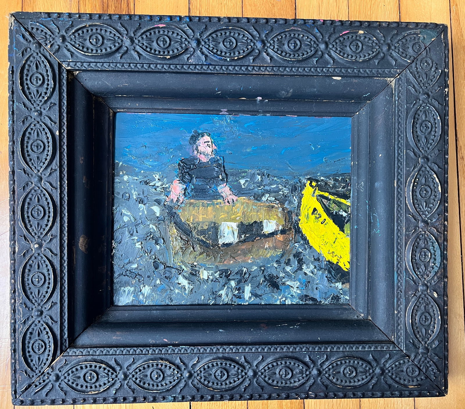 William Irvine Maine Oil Painting 'Two Yellow Boats" Signed: William Irvine(b.1931 - Maine & Scotland) Image is 8 by 10 inches and frame 14 by 16. Signed w/ initials. Oil on artist board which has a stamp. Very interesting painting. What's to Love - The nose on