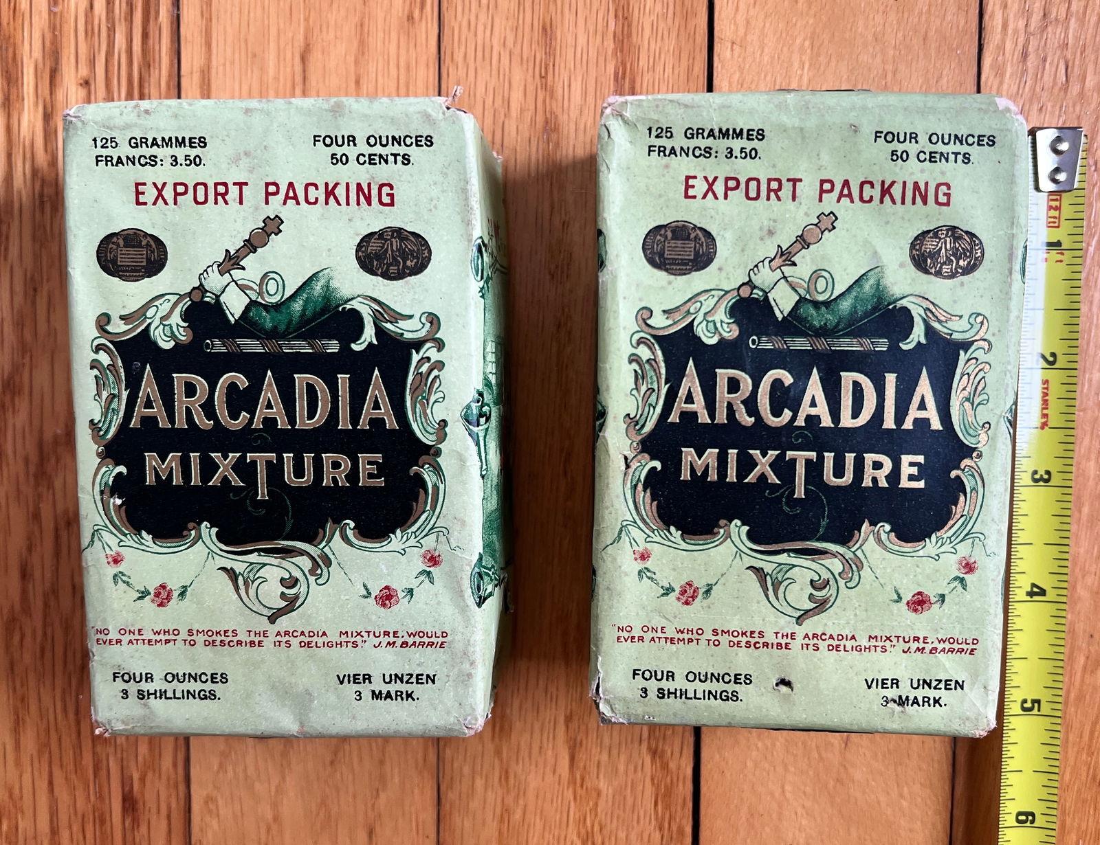 2 Advertising UNUSED Cigarette TOBACCO POUCHES w/ tax stamps original packages: 2 1910 Tobacco boxes unused w/ original tax stamps. Arcadia Mixture. Nice lithograph images on pouches. What's to Love - Wish these had trading cards in them.
