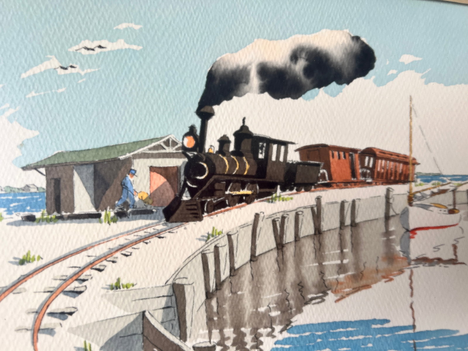 Doris and Richard Beer “The Dummy Line – Nantucket" Painting Signed Watercolor on Paper: Doris and Richard Beer (1898-1967 & 1893-1959) Watercolor on Paper “The Dummy Line – Nantucket” Approx 13 by 15 frame and image is 8 by 10 inches. Pencil signed lower right. Has a frame w/ m