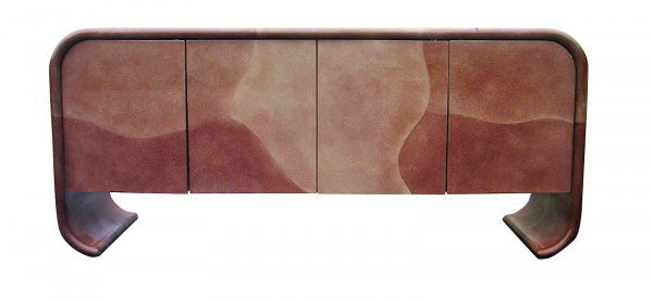Karl Springer waterfall sideboard in a faux stone f: Furniture: Karl Springer waterfall sideboard in a faux stone finish. This American piece is completed in lacquered wood faux stone finish. Circa 1970's. Measures 72" w by 20" d by 32" h. Several small