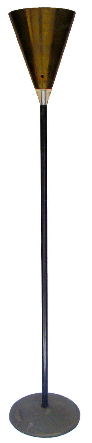 Lighting: Russel Wright torchiere, circa 1940's: Lighting: Russel Wright torchiere, circa 1940's. Enamel steel standard, spun aluminum and Lucite cone shade with conical brass base. Measures 65" tall. Excellent condition, lamp needs rewiring and is