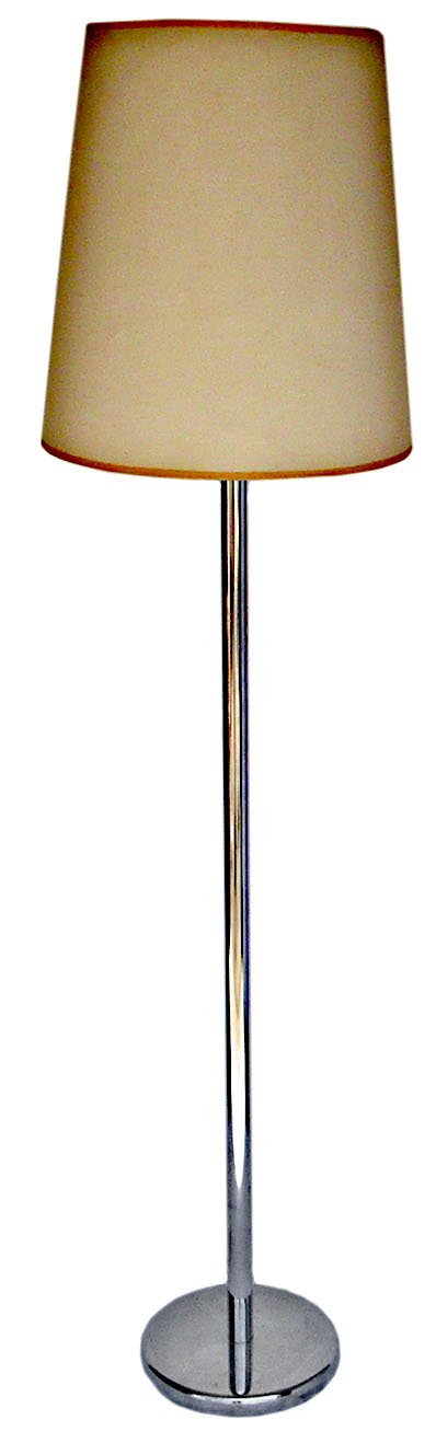 Modern chrome floor lamp by Kovacs: Lighting: Modern chrome floor lamp by Kovacs. Chrome disc base, chrome standard. Excellent condition, the original shade does have some discoloration. Measures 63"h x 10" base diameter. Estimate $200-