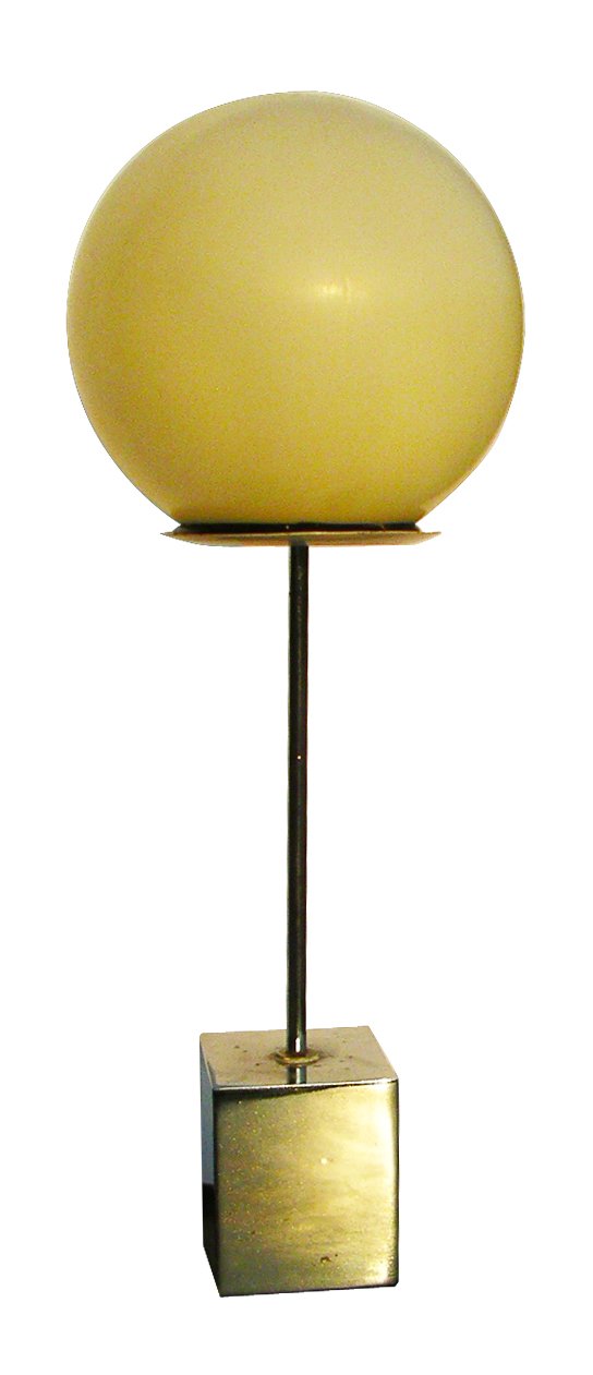 Modern table lamp by Robert Sonneman: Lighting: Table lamp by Robert Sonneman Circa 1960. Chrome cube base, supporting a chrome standard with a suspended white ball shade. When lit, gives the impression of a full moon. Measures 21"h. Shad