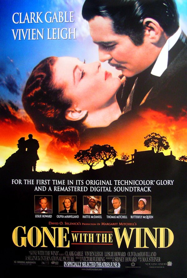 Movie Poster: Gone With the Wind, 1998: Original Movie Poster: Gone With the Wind, advance rolled 1-sheet, 1998 re-release. Turner Classics. Featuring the memorable pose of Rhett Butler about to kiss Scarlet O'Hara. Starring Clark Gable, Vi