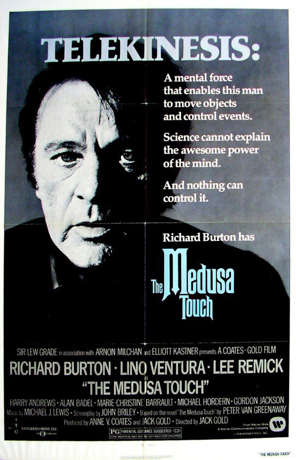 Movie Poster: Medusa Touch, 1978: Original Movie Poster: The Medusa Touch, 1-sheet, 1978. Warner Brothers. Starring Richard Burton, Leino Ventura and Lee Remick. Psychological thriller about a novelist, a telekinetic, who causes disas