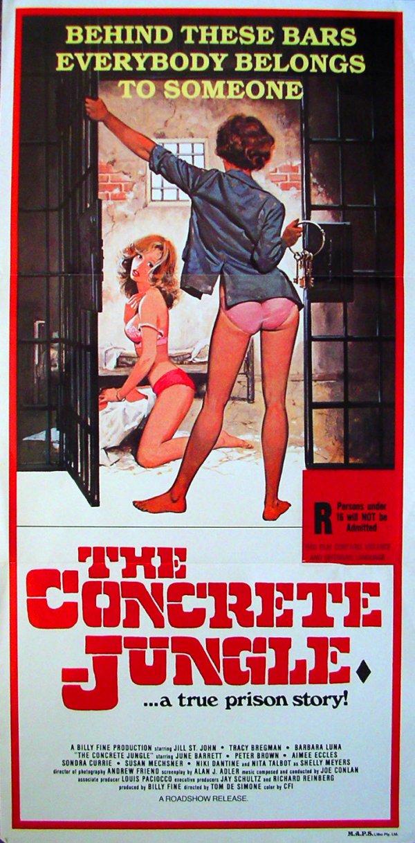 Movie Poster: Concrete Jungle, daybill 1982: Original Movie Poster: The Concrete Jungle, Australian daybill printed by MAPS, (13" x 27"). 1982. A Roadshow Release. R-rated snipe. Starring Jill St. John