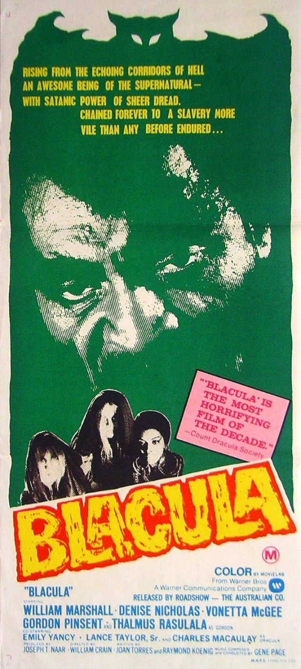 Movie Poster: Blacula daybill: Original Movie Poster: Blacula, daybill, 1972. American International. Starring William Marshall, Denise Nicholas, and Vonetta McGee. Interior decorators buy the coffin of an African prince bitten by