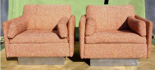 Pair of Mid-Century Modern Club Chairs: Attributed to Arthur Elrod, pair of low club chairs on brushed metal veneer square bases, manufactured by Founder Furniture Inc. 21" high, 30" wide, 30" deep.