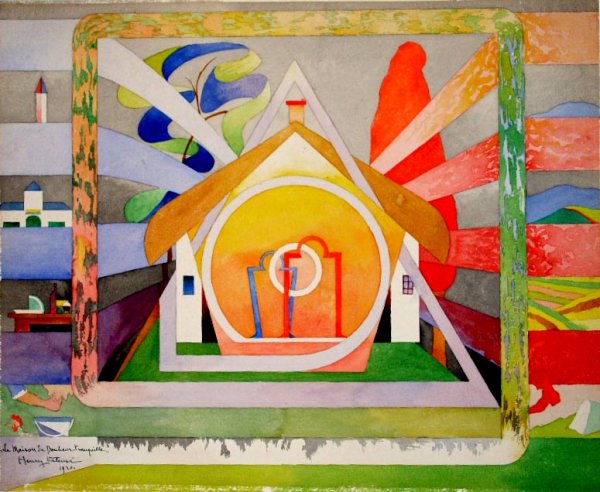 Henry Valensi watercolor painting: By Henry Valensi (1883-1960 France), watercolor, signed lower left, dated 1920 and titled 'La Maison sur Bonheur Tranquille...' 14" x 18".