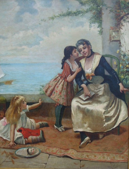 Painting: Emile Pinchart: Emile Pinchart (1842-1924 France), oil on canvas, entitled "The Broken Doll", depicting a woman and children on a veranda. Signed lower right "Pinchart", with the stretcher bearing an old label 'The B